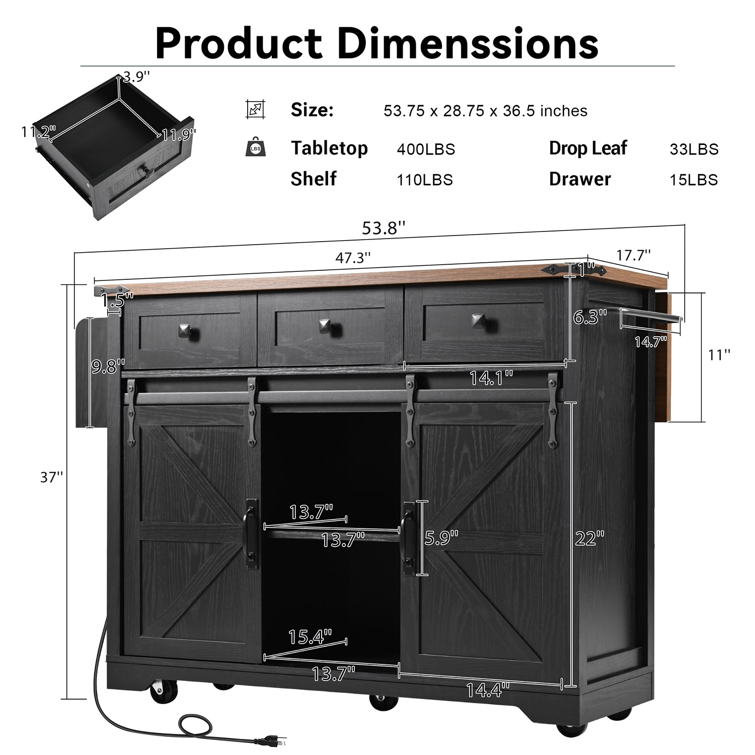 SINOFURN Black Mdf Base with Mdf Top Rolling Kitchen Cart (17.7-in x 53.8-in x 37-in)