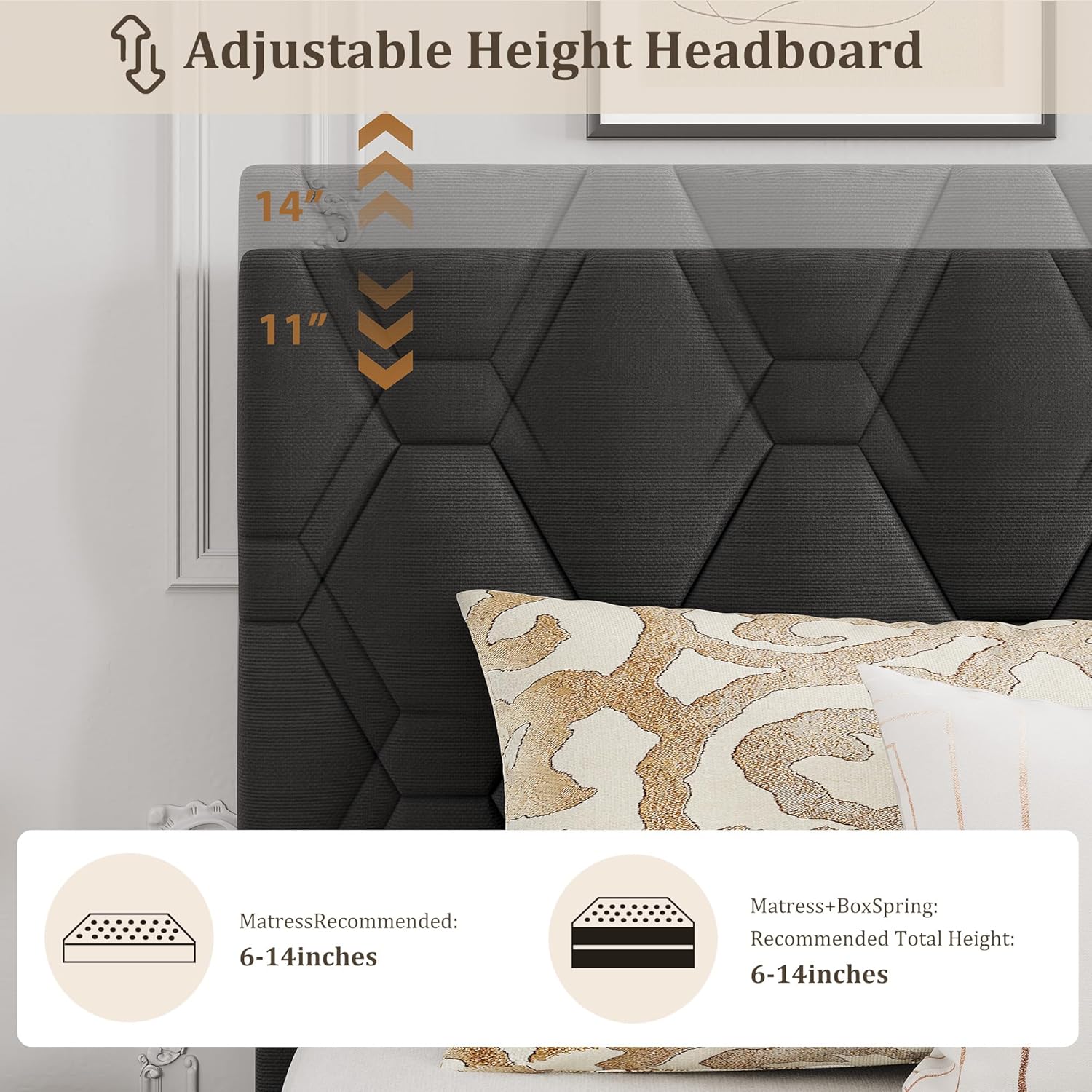 Garvee Grey King Upholstered Bed Frame with Headboard Heavy-Duty ...
