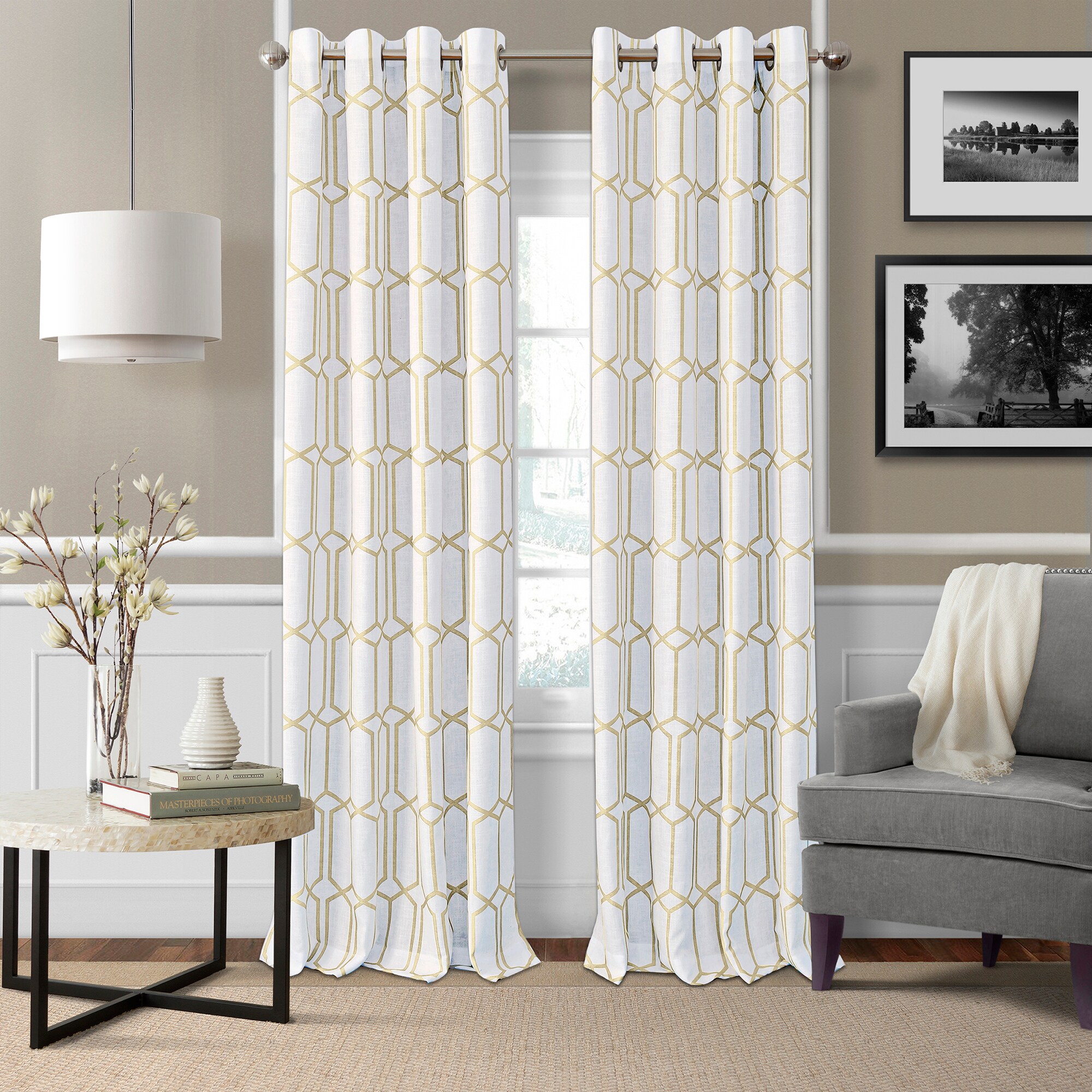 Golden Yellow Geometric Room Darkening Grommet Drapes