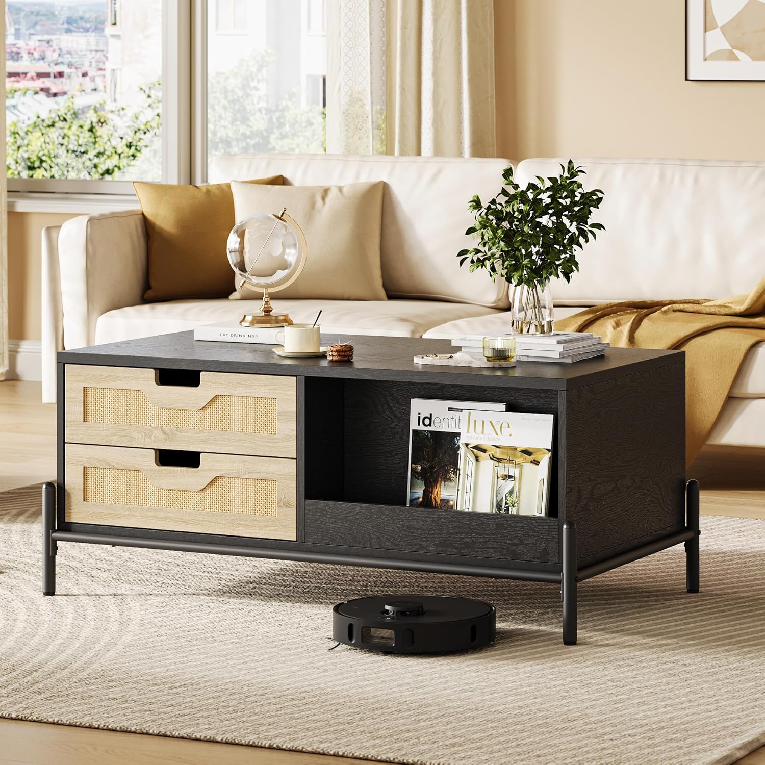 Qeetex LHF-BZ-PHO-13N8PQ2W Rattan Coffee Table with LED Lights Mid Century Modern Coffee Table with 4 Drawers and Open Storage Shelf Wooden Living Room Table Farmhouse Furniture for Living Room
