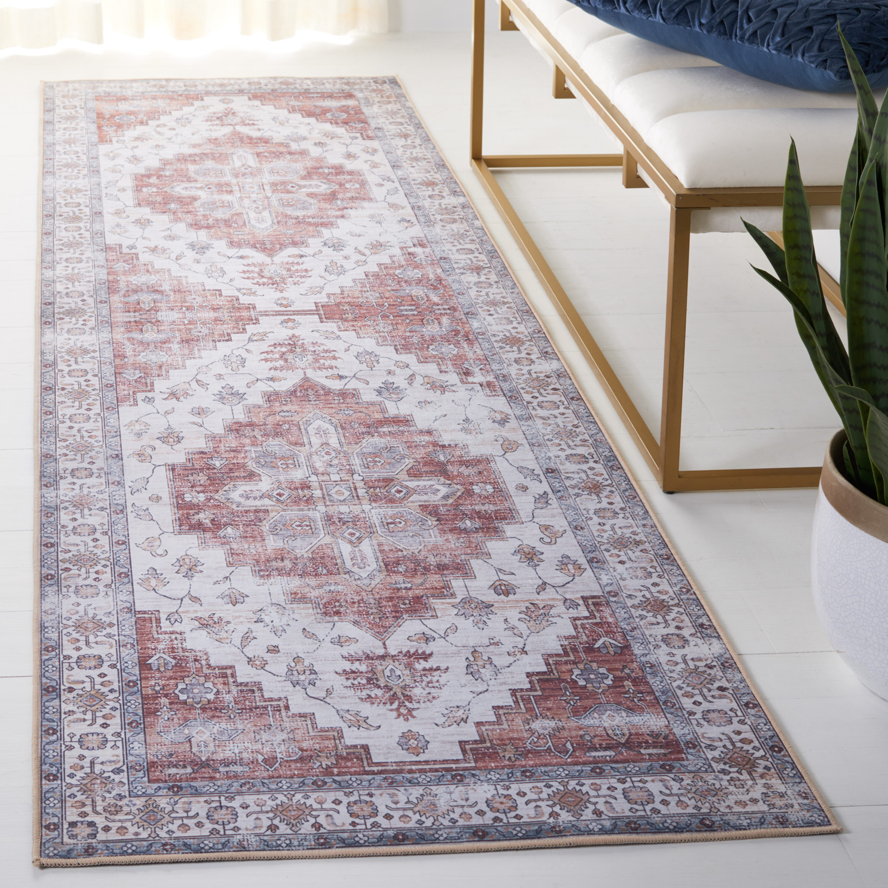 Safavieh TSN109A-28 Tucson 3 x 8 (ft) Loomed Polyester Ivory/Rust Rectangular Indoor Border Machine washable Runner rug