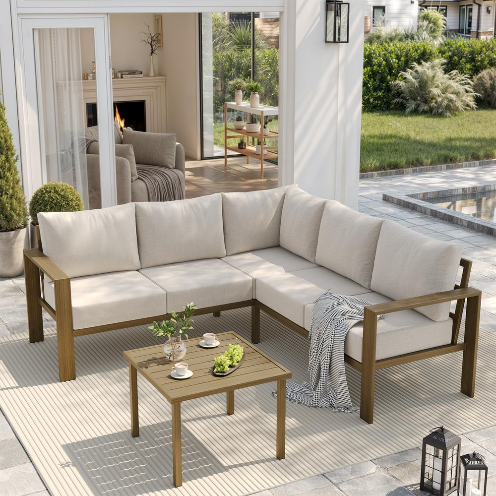 UDPATIO  6 Piece Patio Furniture Set Faux Wood Metal Outdoor Sectional Sofa with 6 Inch Thick Olefin Cushions Wide Armrest and Coffee Table L Shaped Outdoor Furniture for Garden Backyard Beige