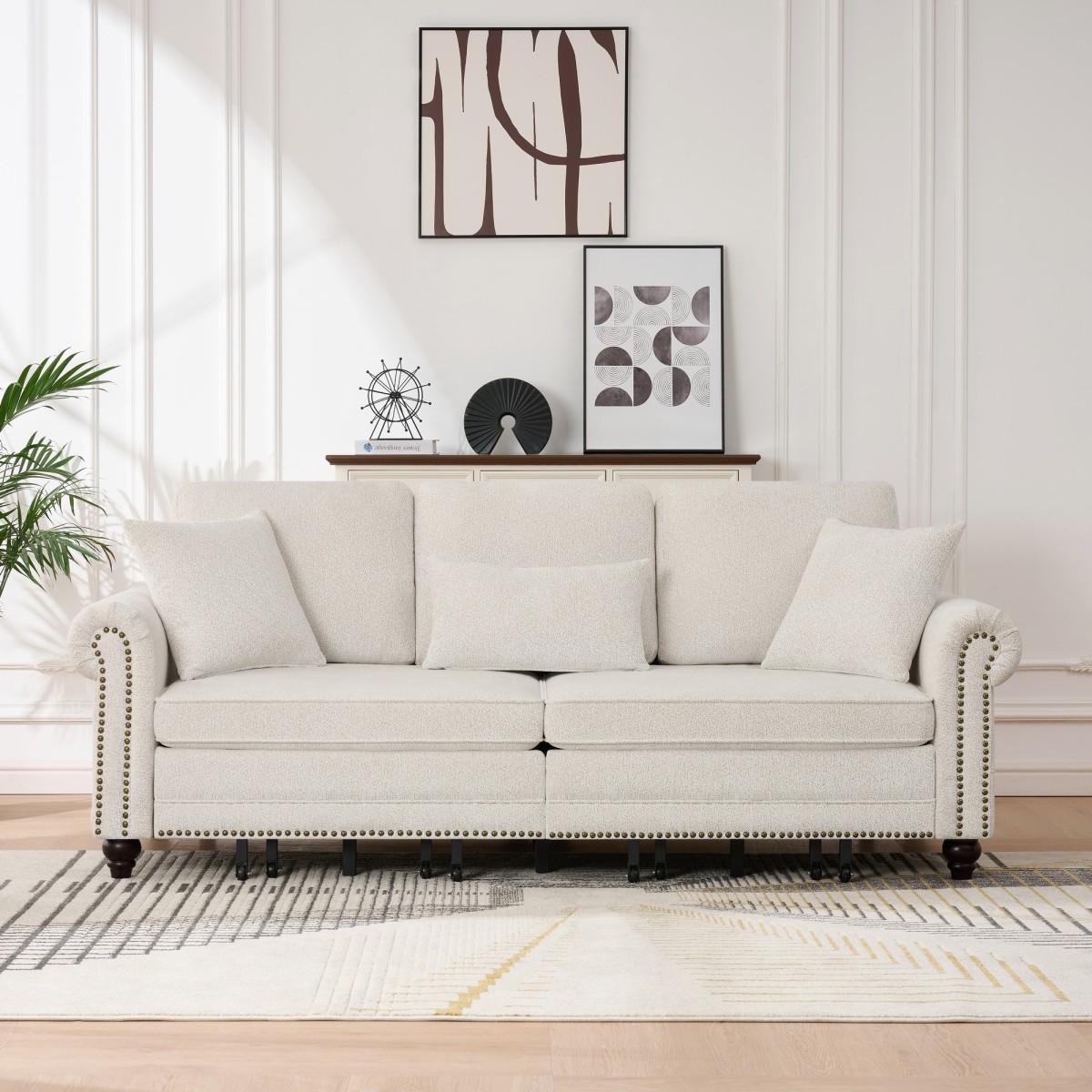 Streamdale Furniture - Streamdale 86'' 3-in-1 Convertible Sleeper Sofa with Nailhead Trim Beige C...