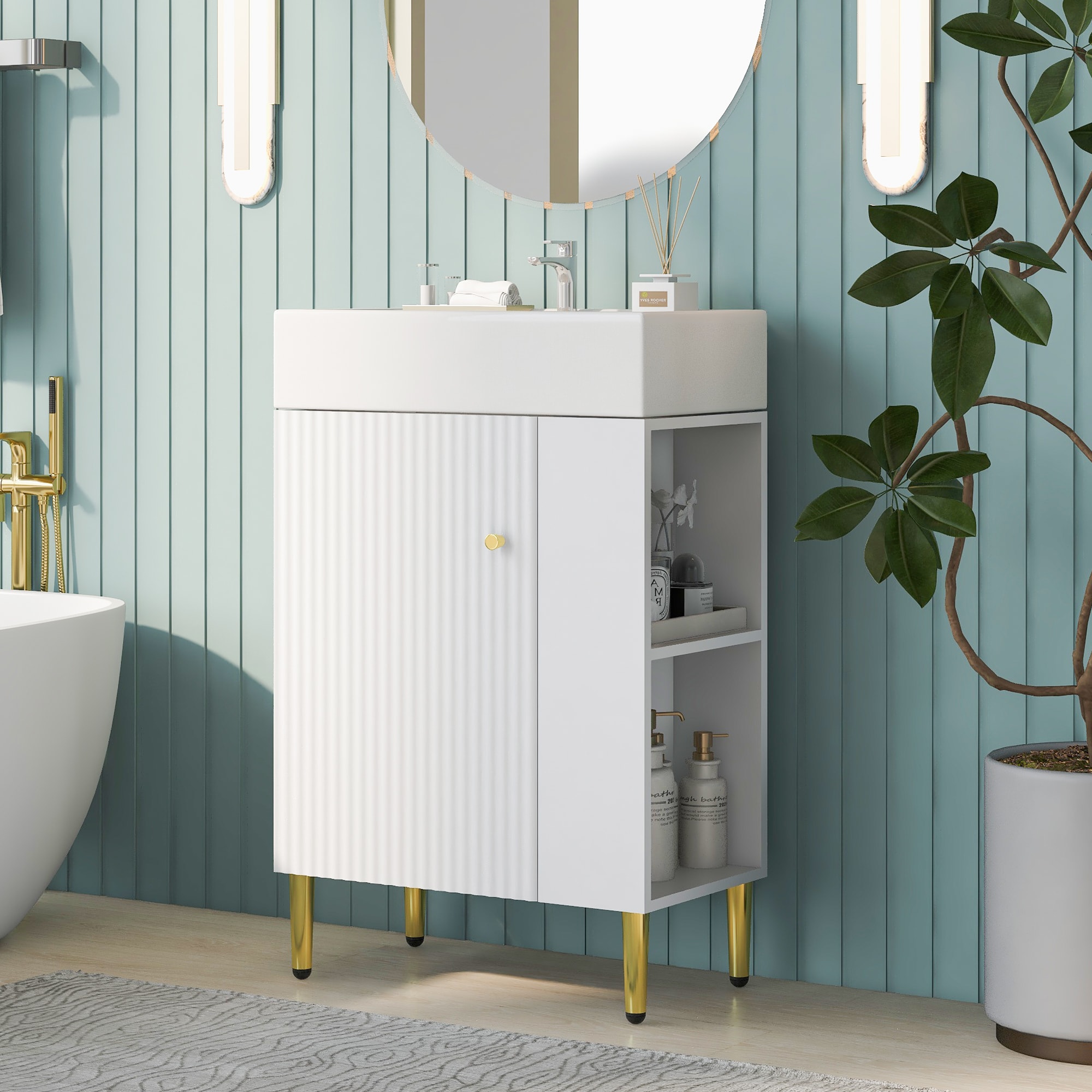 Boho Havens 21.6 White Bathroom vanity Combo Cabinet Bathroom Storage Cabinet Single Ceramic Sink Right Side Storage