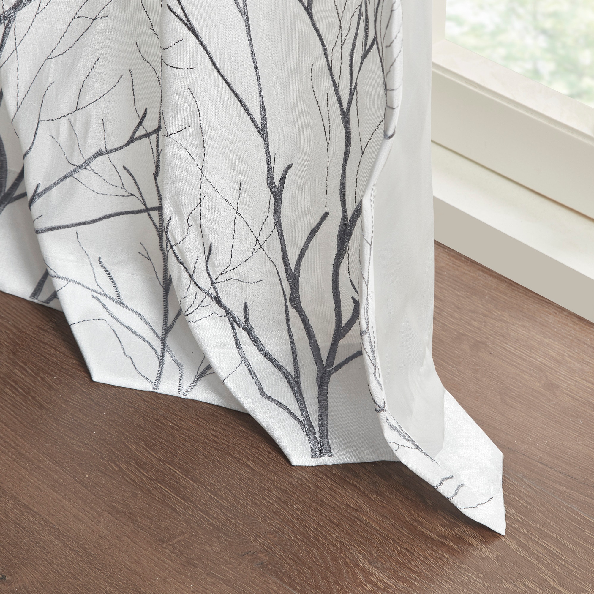 White Faux Silk Embroidered Puddle Length Curtain Panel