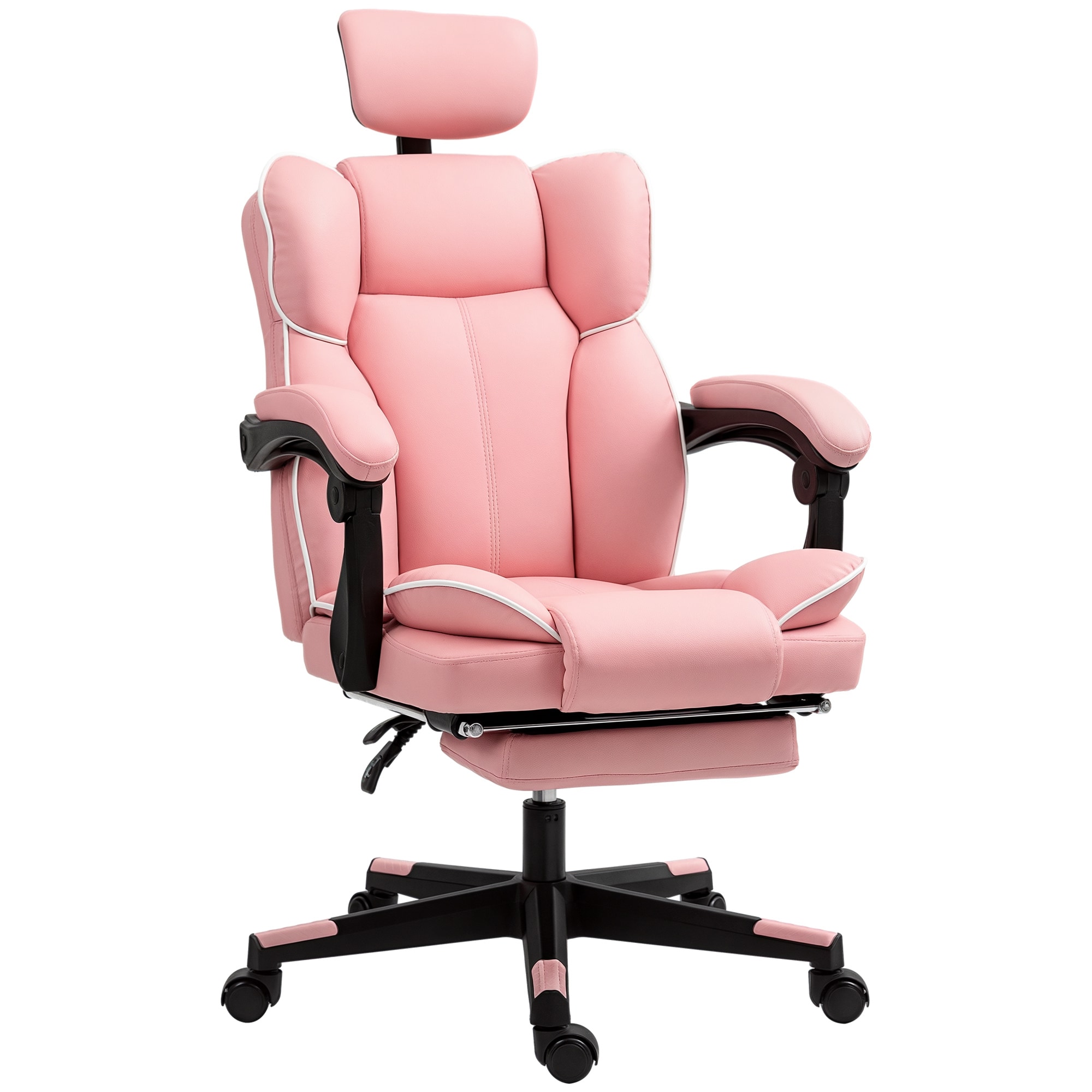 HomCom 921-832V00PK Executive Office Chair High Back Desk Chair with Headrest Swivel Wheels Foot Rest Overstuffed Reclining PU Leather Computer Chair for Home Pink