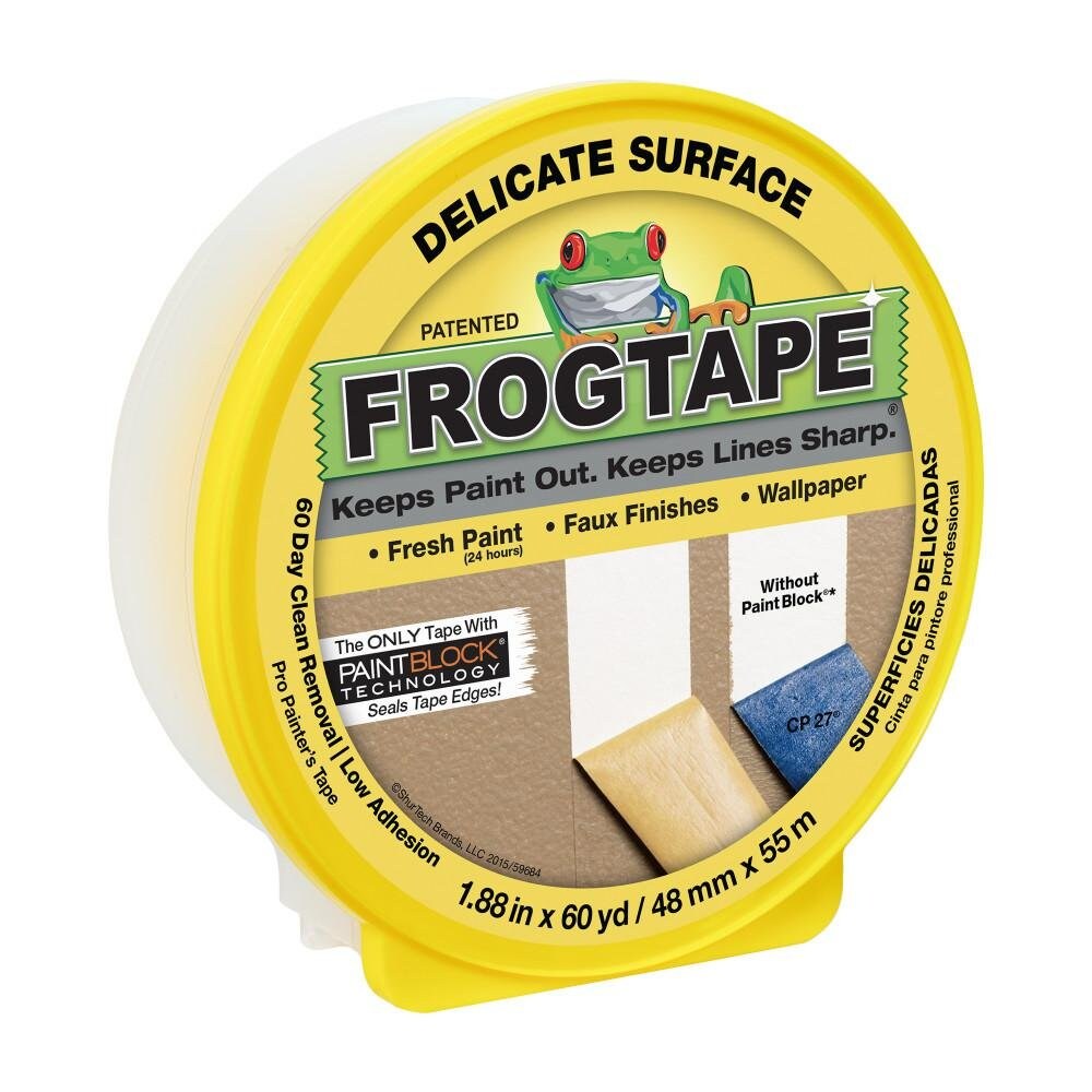 FrogTape  Delicate Surface Painters Tape with PAINTBLOCK 2 Inch Wide (1.88 In. x 60 Yds) Low Adhesion Ideal for Freshly Painted Walls Trim Surfaces Yellow 1 Roll (280222) (Pack of 8)