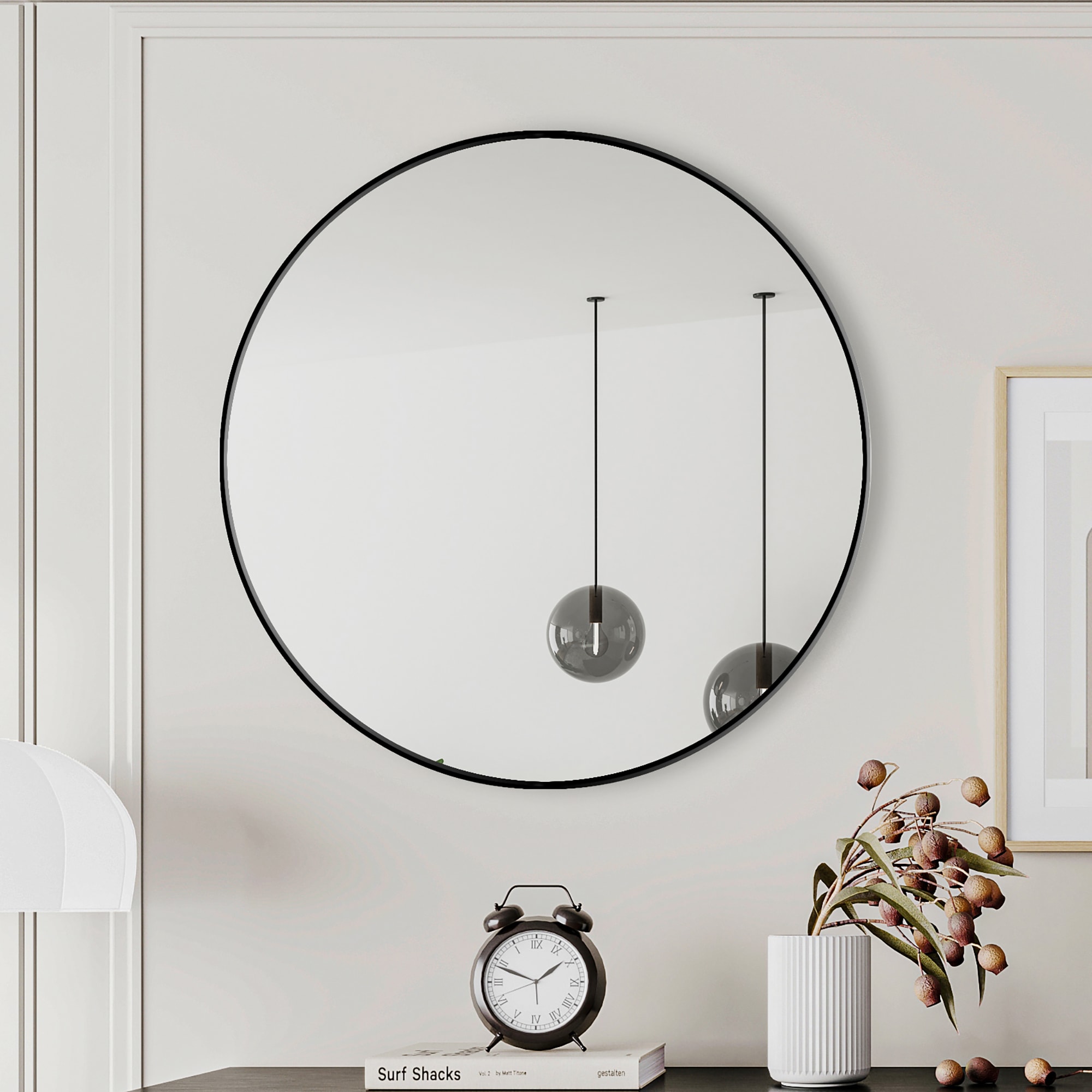 KWPZQEB 28-in x 28-in Circular Wall Mirror Circular Metal Framed Mirror Round Vanity Mirror for Bathroom Living Room Wall Decor-Black