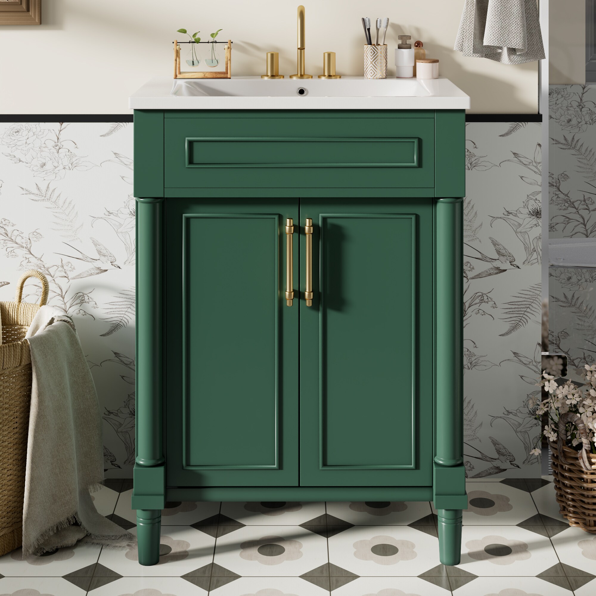 Wooakway - 24in Bathroom Vanity with Integrated Ceramic Sink Bathroom Cabinet with 2 Doors Single...