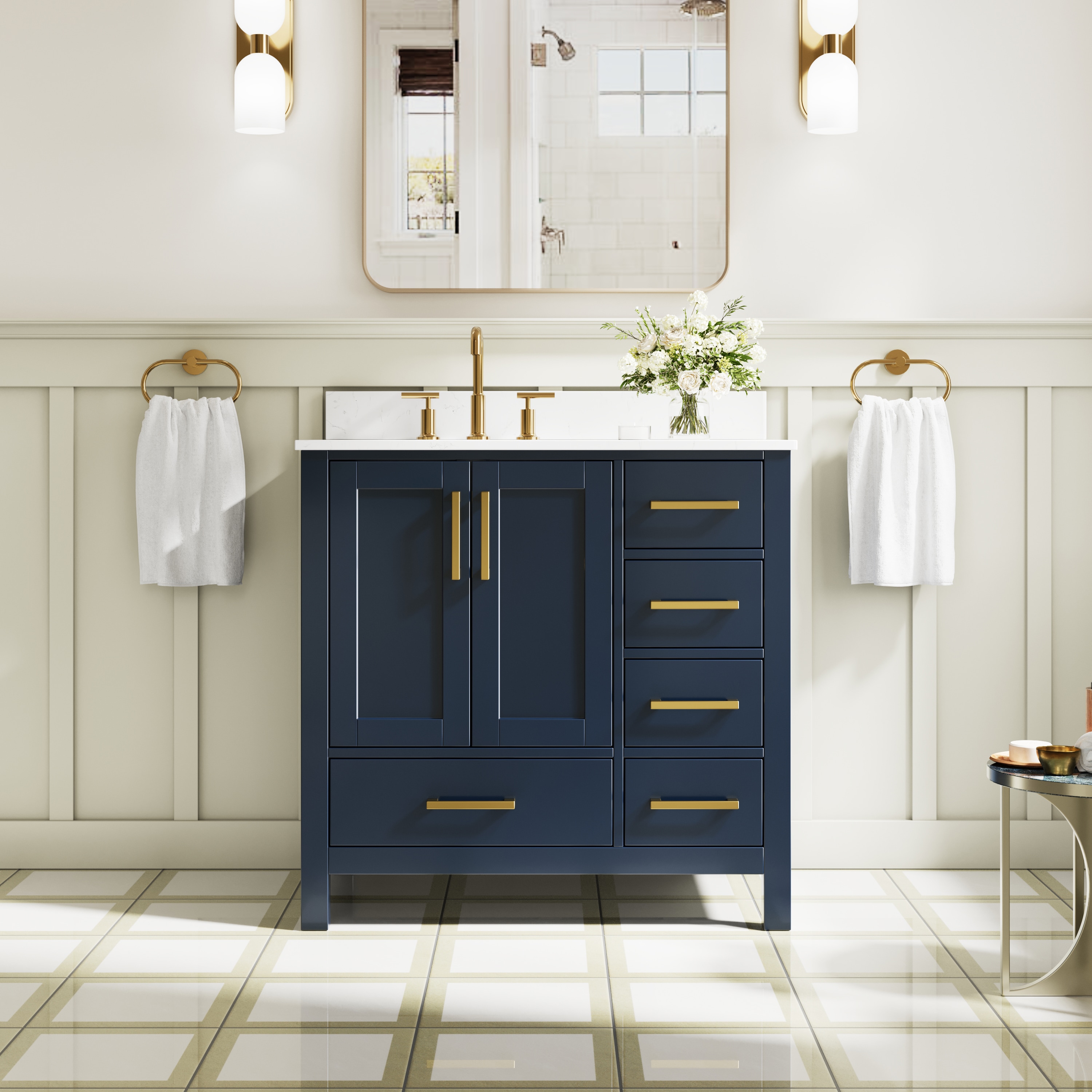 WELLFOR OSA Solid Wood 36-in Navy Blue Undermount Single Sink Bathroom Vanity with Carrera White Cultured Marble Top (Fully Assembled)