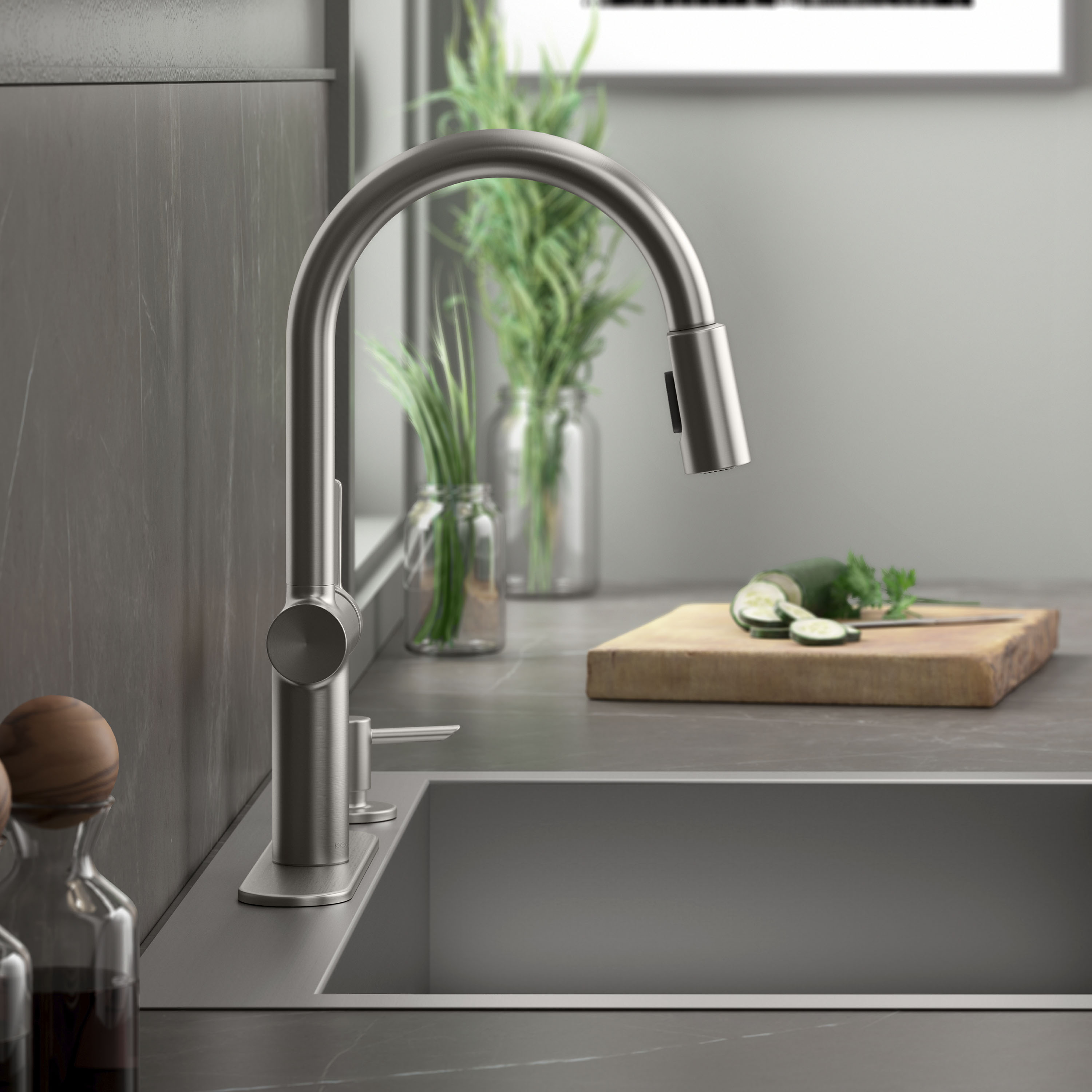 KOHLER R22940-SD-VS Koi Vibrant Stainless Single Handle Deck-mount Pull-down Kitchen Faucet with Sprayer ( Deck Plate Included ) (Soap Dispenser Included)
