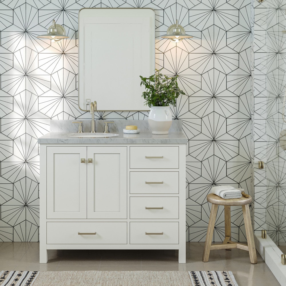 ARIEL Cambridge 43-in White Single Sink Bathroom Vanity with White Natural Marble Top (Mirror Included)