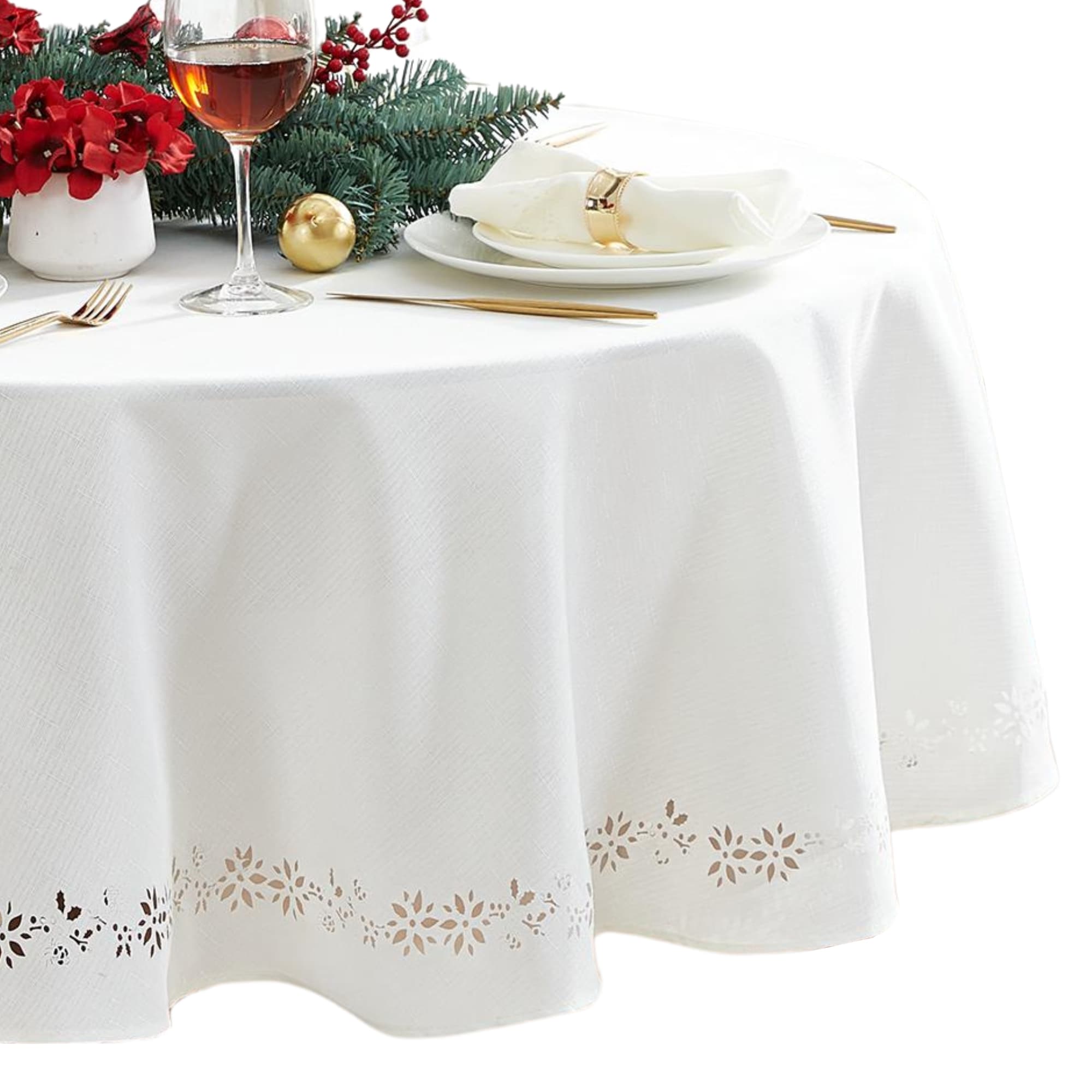 Elrene Home Fashions 194590301989 Poinsettia Noel Laser Cut 70 in. Round Indoor Ivory Table Cover for 60-in round