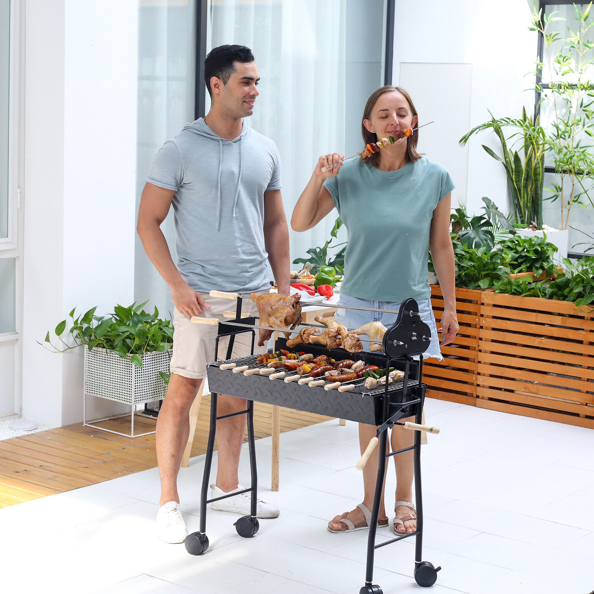 写真 Siavonce Portable outdoor charcoal grill 27.2-Inches W Black Cart