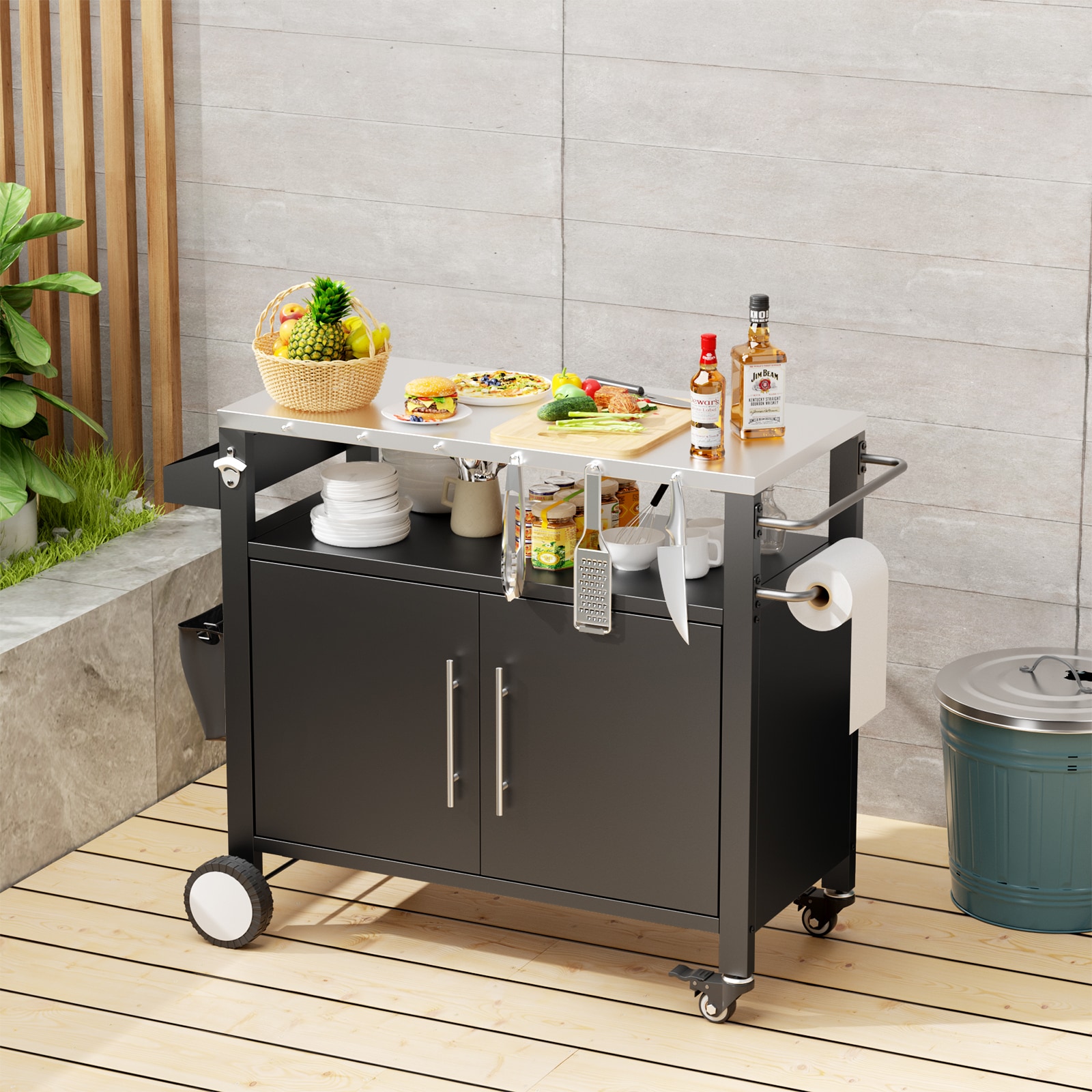 LOVMOR SFRW3190P271566 Two Doors Outdoor Grill Cart with Patio Furniture Outdoor Grill Table with Storage Rolling Bar Cart Outdoor BBQ Cart with  Hooks and Spice Rack for Grilling Accessories Black