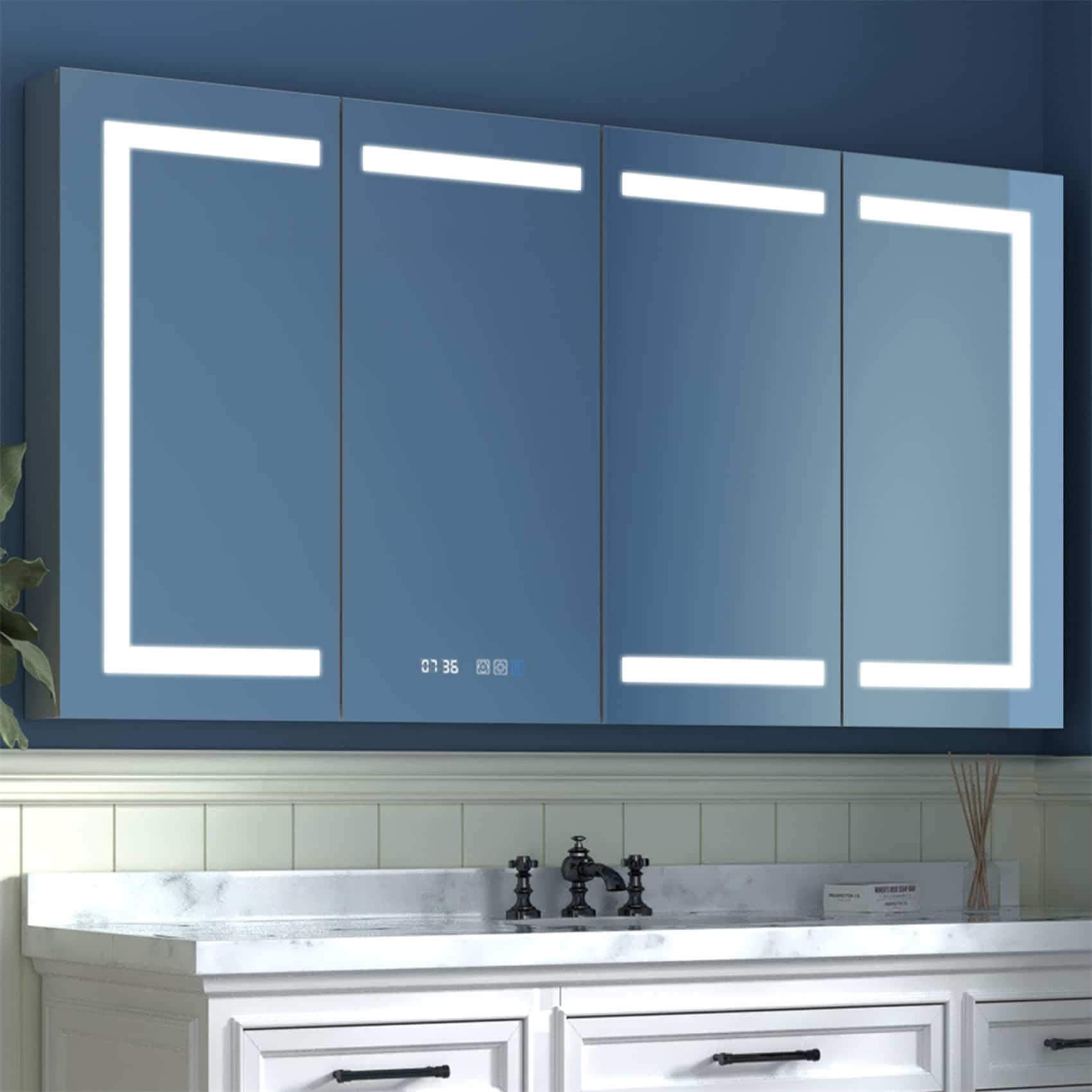 ExBrite W7MC6036 Celestia 60-in x 32-in Lighted LED Fog Free Surface/Recessed Mount Silver Mirrored Rectangle Soft Close Medicine Cabinet with Outlet