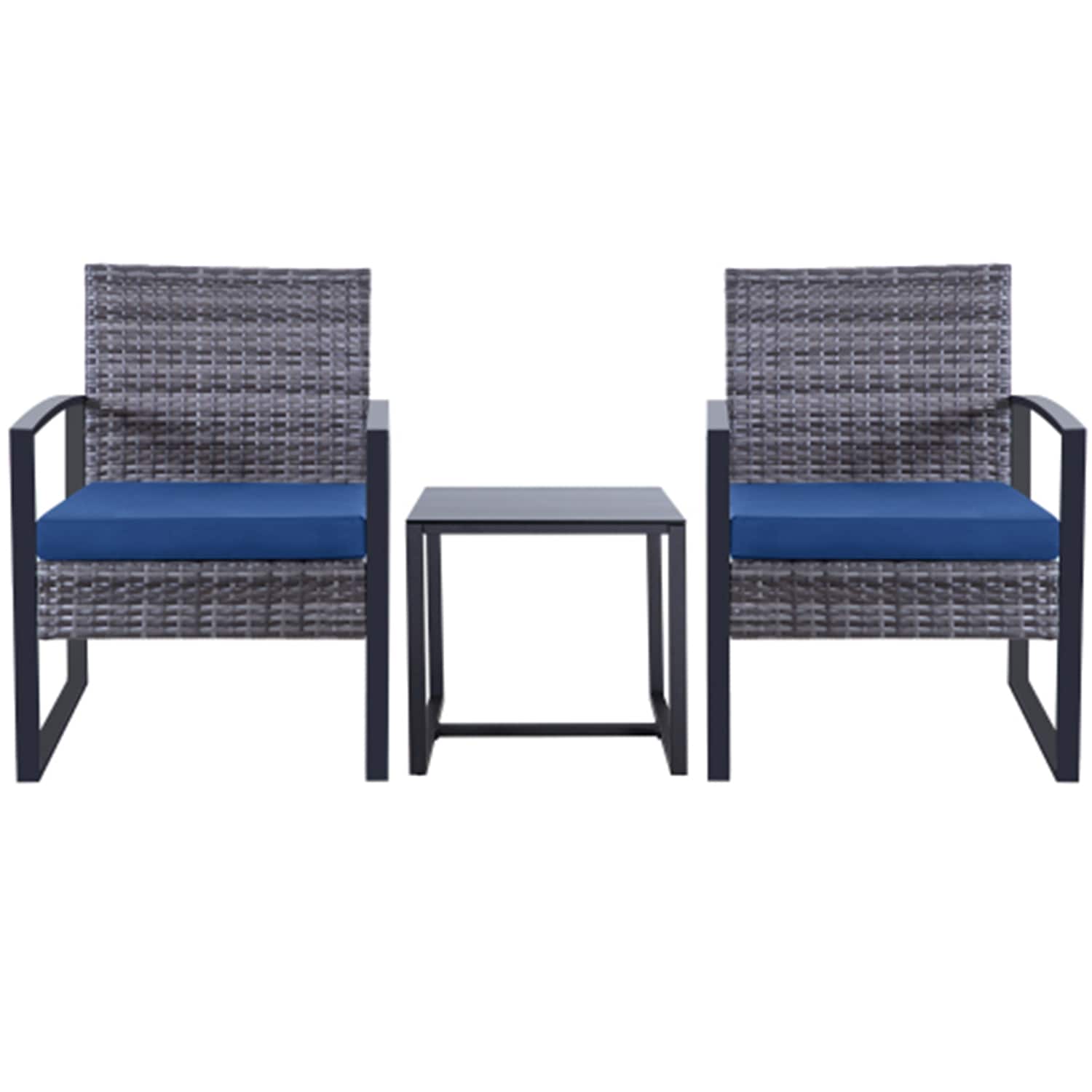 Dimakai DK-QS-00003 3 -Piece Rattan Patio Conversation Set with Blue Cushions