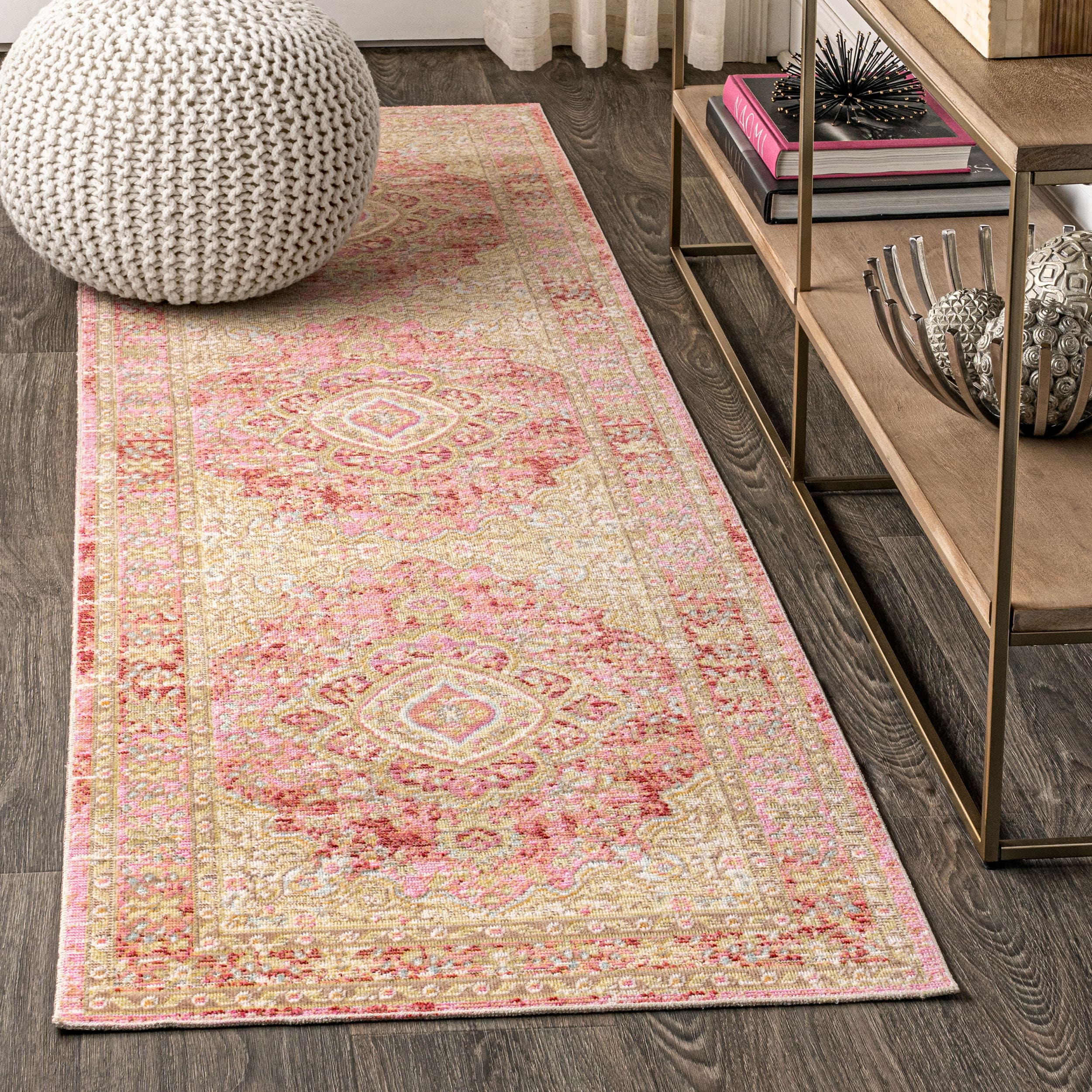 JONATHAN  Y MDP305A-28 MODERN PERSIAN Khilana 2 x 8 (ft) Loomed Polyester Deep Rose/Ivory Rectangular Indoor Medallion Persian Runner rug