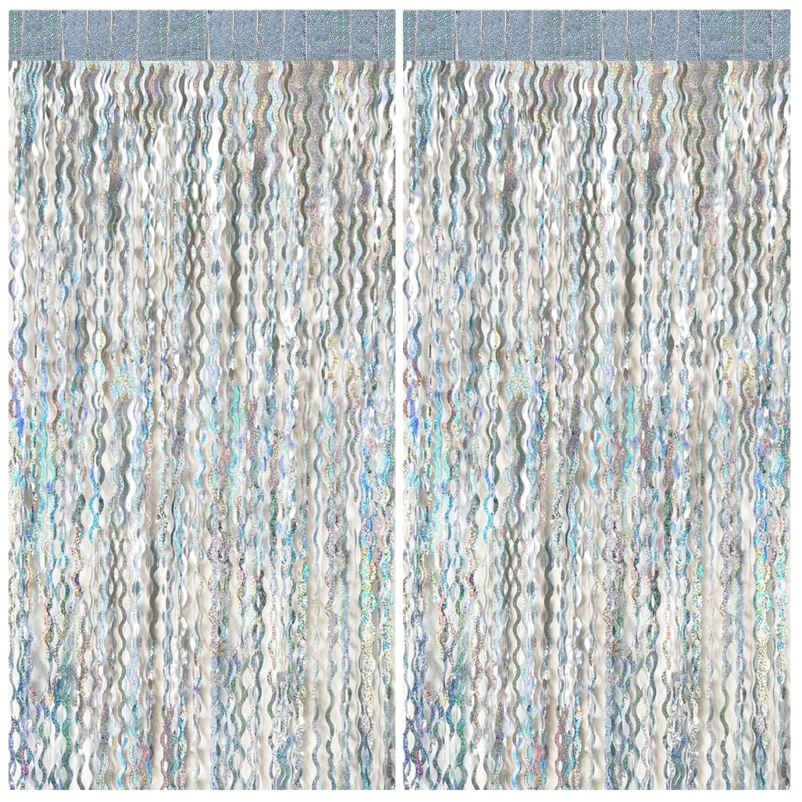 Anqtovp  2 pack silver tinsel fringe backdrop curtain metallic wave streamer photo booth props for birthday graduation bachelorette wedding new