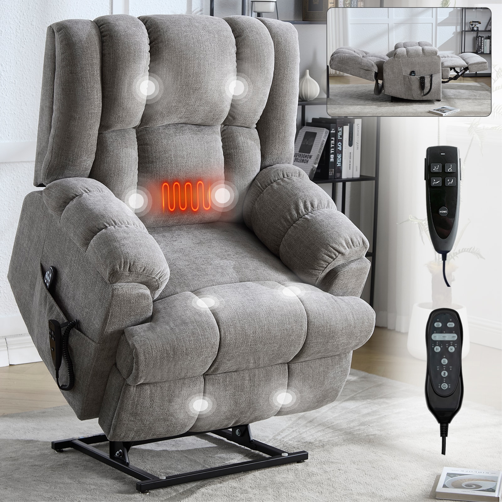 Mondawe MO-CO81224 Beige Chenille Upholstered Powered Reclining Massage chair with Lift Assistance