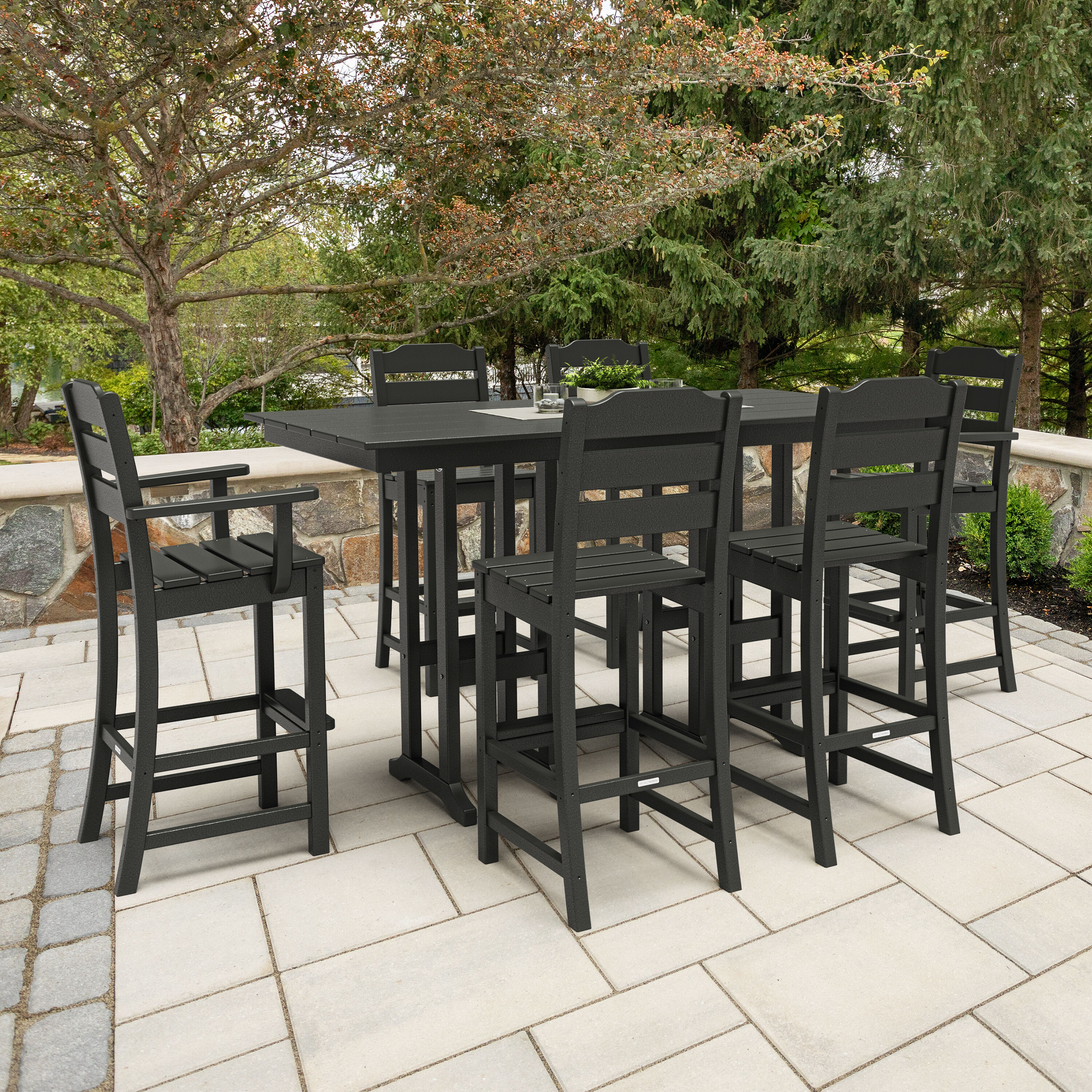 POLYWOOD PWS2540-1-BL Oakport 7 -Piece Black Bar Height Patio Dining Set Plastic Rectangle Table with 6 Stationary Chairs