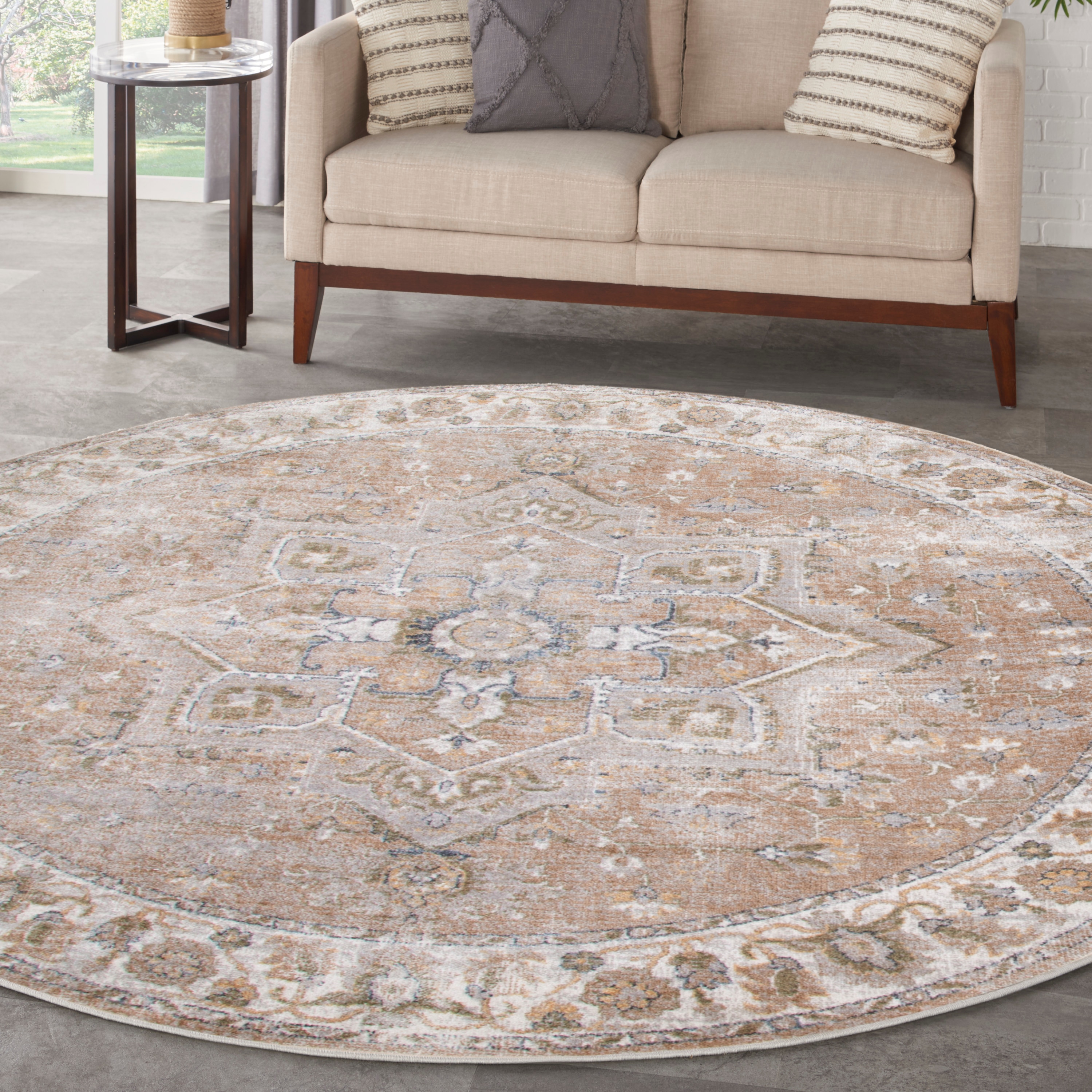 Nourison Home 099446933003 Astra Machine Washable 8 x 8 (ft) Loomed Polyester Beige Round Indoor Medallion Vintage Machine washable Area rug