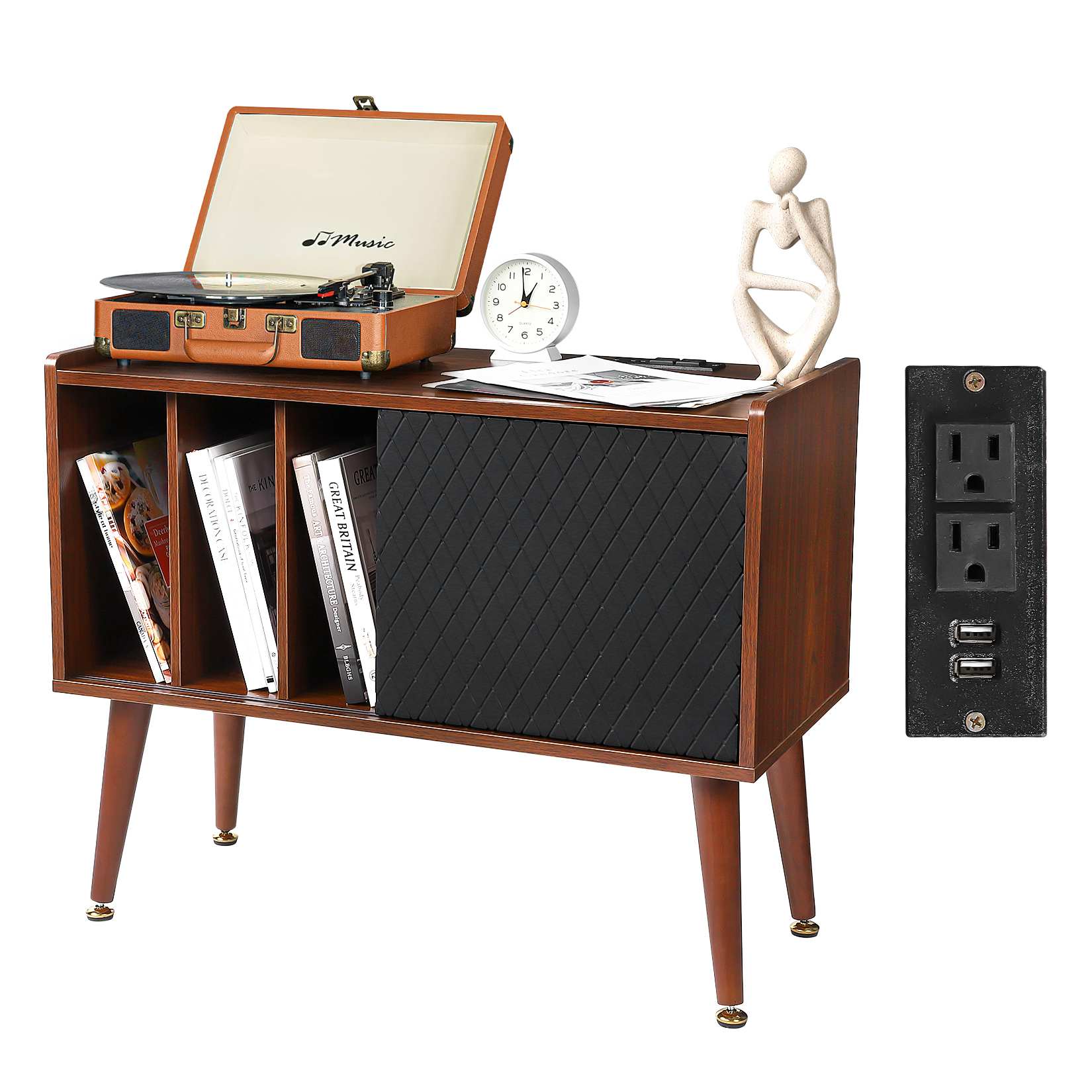 Qeetex JXNAG-PHO-0Z3IE3MK Record Player Stand with Charging Station and USB Ports Large Storage Space Holds Up to 300 Albums Vinyl Record Storage Cabinet Turntable Stand Record Player Table End Table-Brown