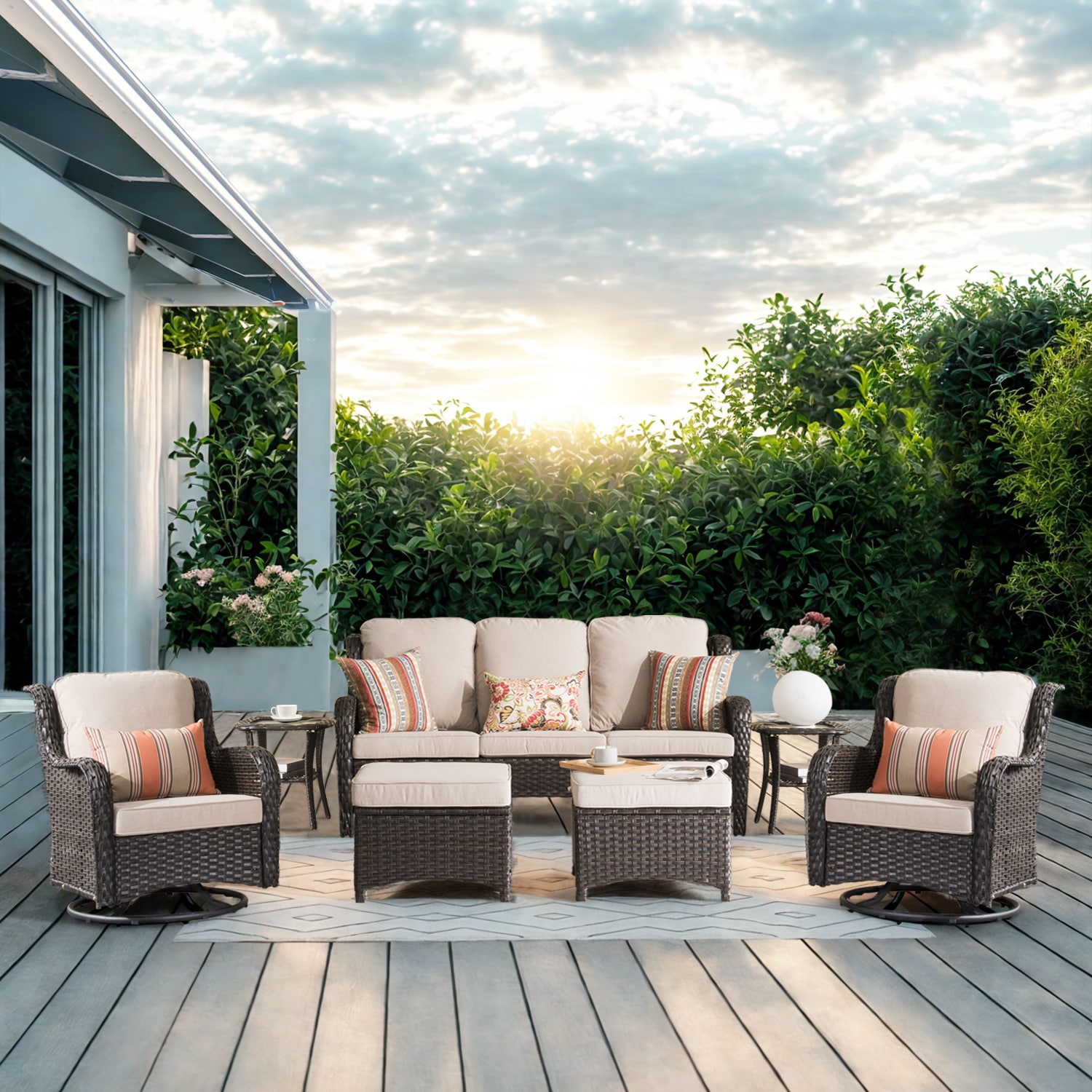 Pouuin SYZNTC605 7 -Piece Wicker Patio Sofa Conversation Set with Off-white Cushions
