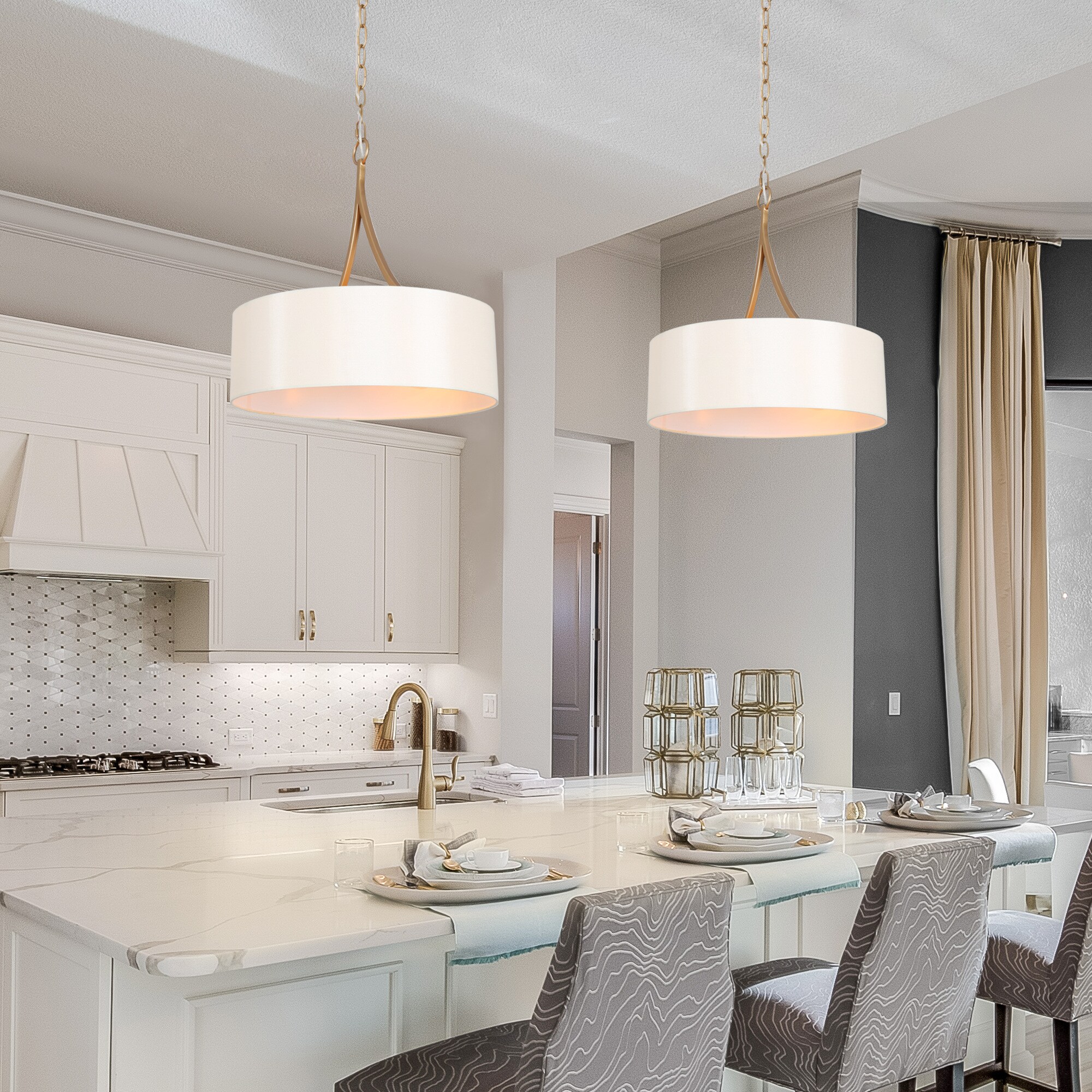 Rafa Matte Gold Drum Pendant Light with White Fabric Shade