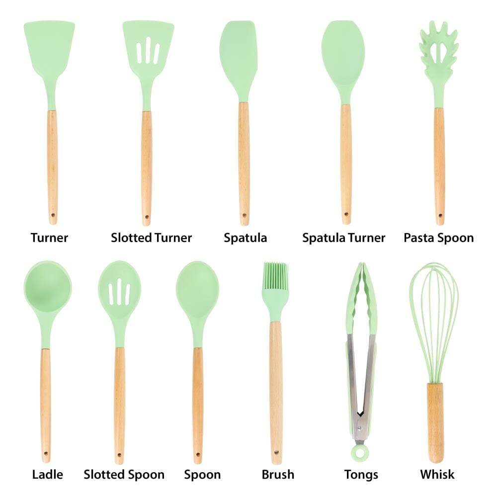 MegaChef Mint Green Silicone and Wood Cooking Utensils Set of 12 - BPA  Free, Hand Wash Recommended - Kitchen Tools - Green Utensil Set in the Kitchen  Tools department at