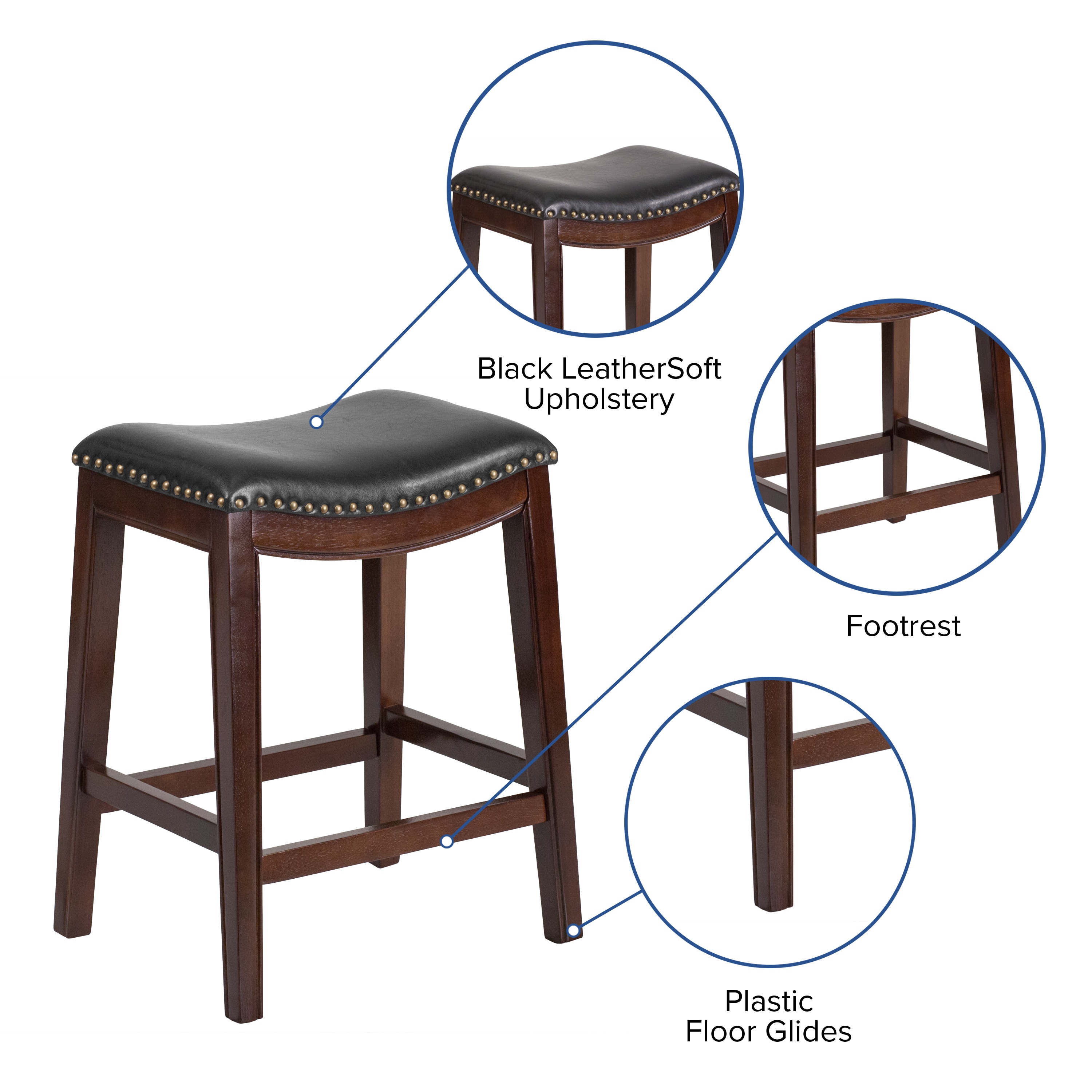 Elegant Backless Black Leather and Cappuccino Wood Counter Stool