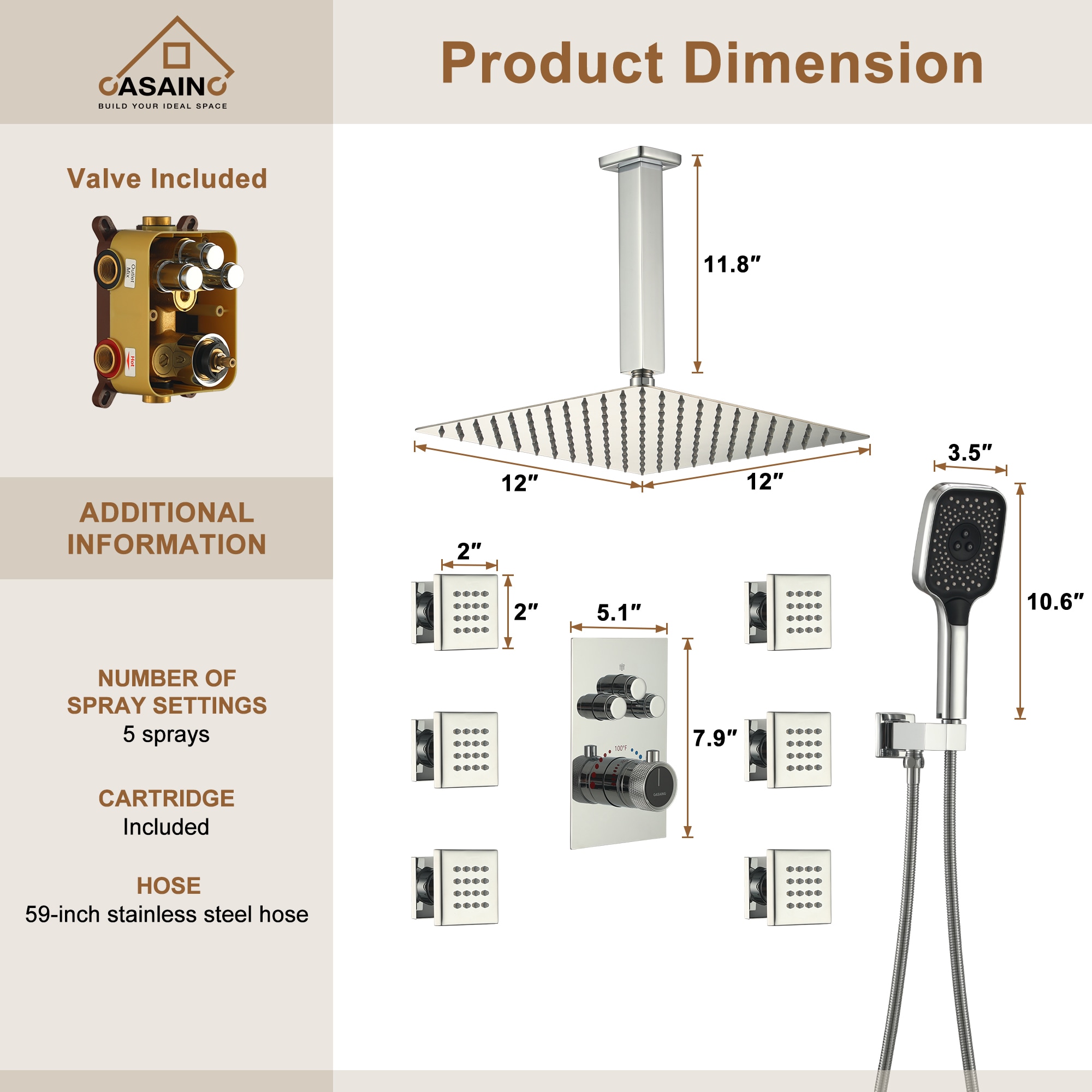 CASAINC CS6221-12CH Showerhead-Bar-Panels - View #5
