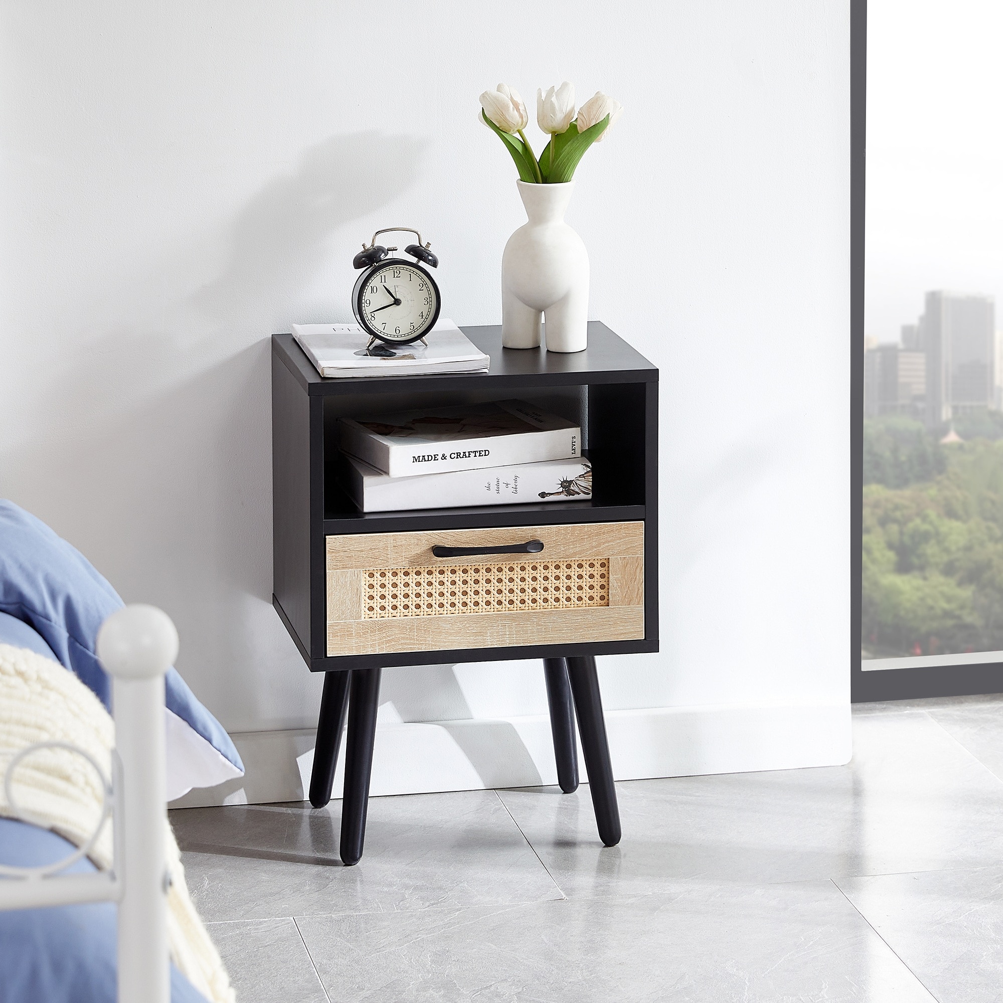 Dexmalle  Black 15.75 Inch Modern Nightstand With Rattan Door Drawer