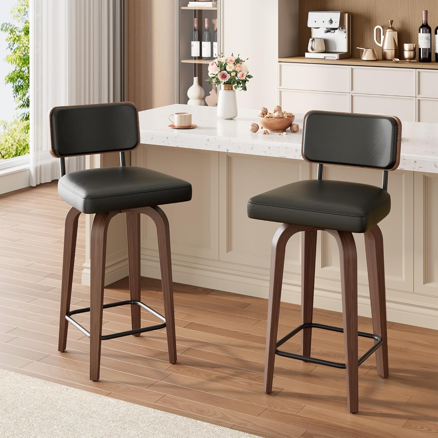 GAOMON - Swivel bar stools set of 2 26 inch counter height stools with back walnut wood legs faux...