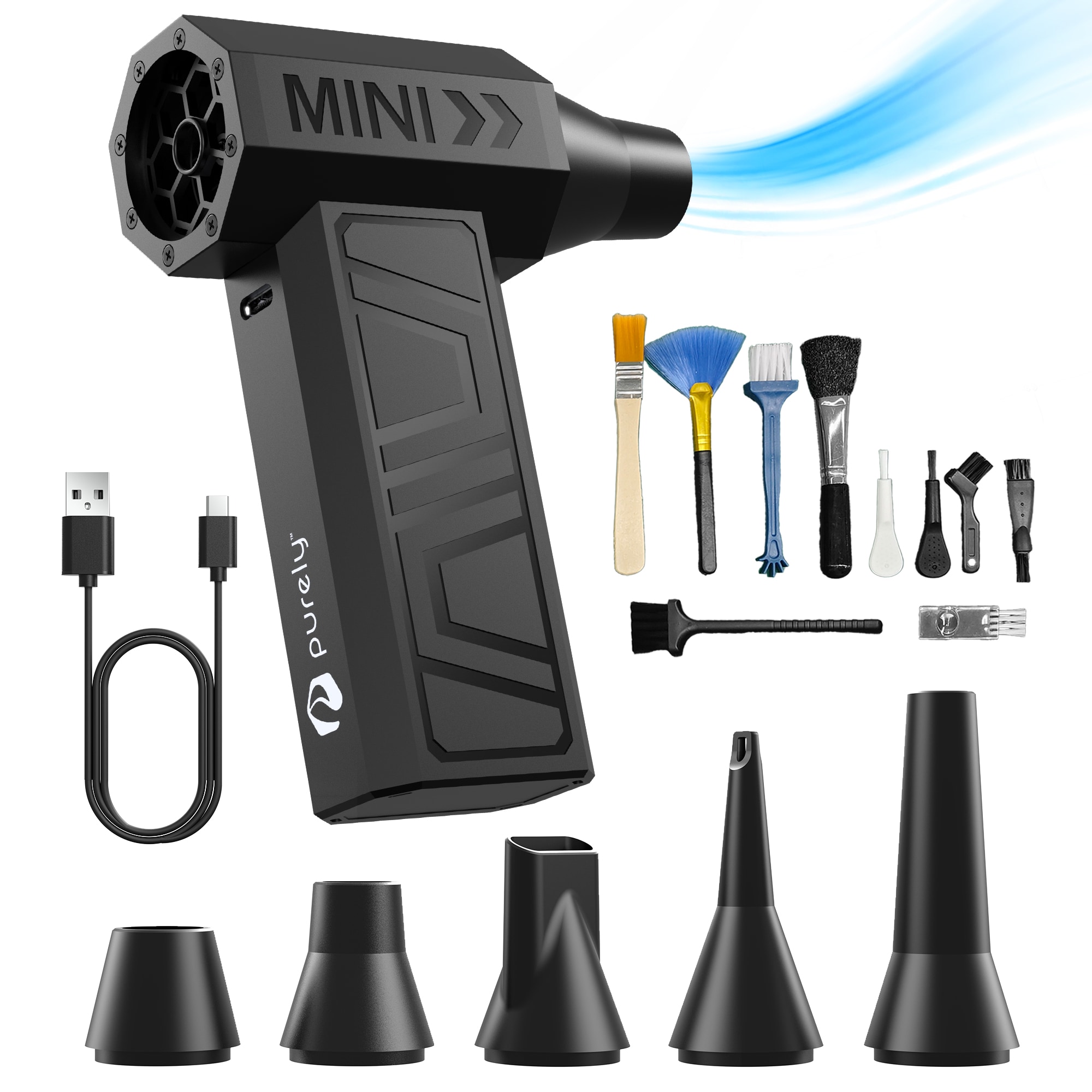 Purely  D40 Portable Wireless Air Duster 105000 RPM Handheld Dust Blower with 5 Nozzles Black