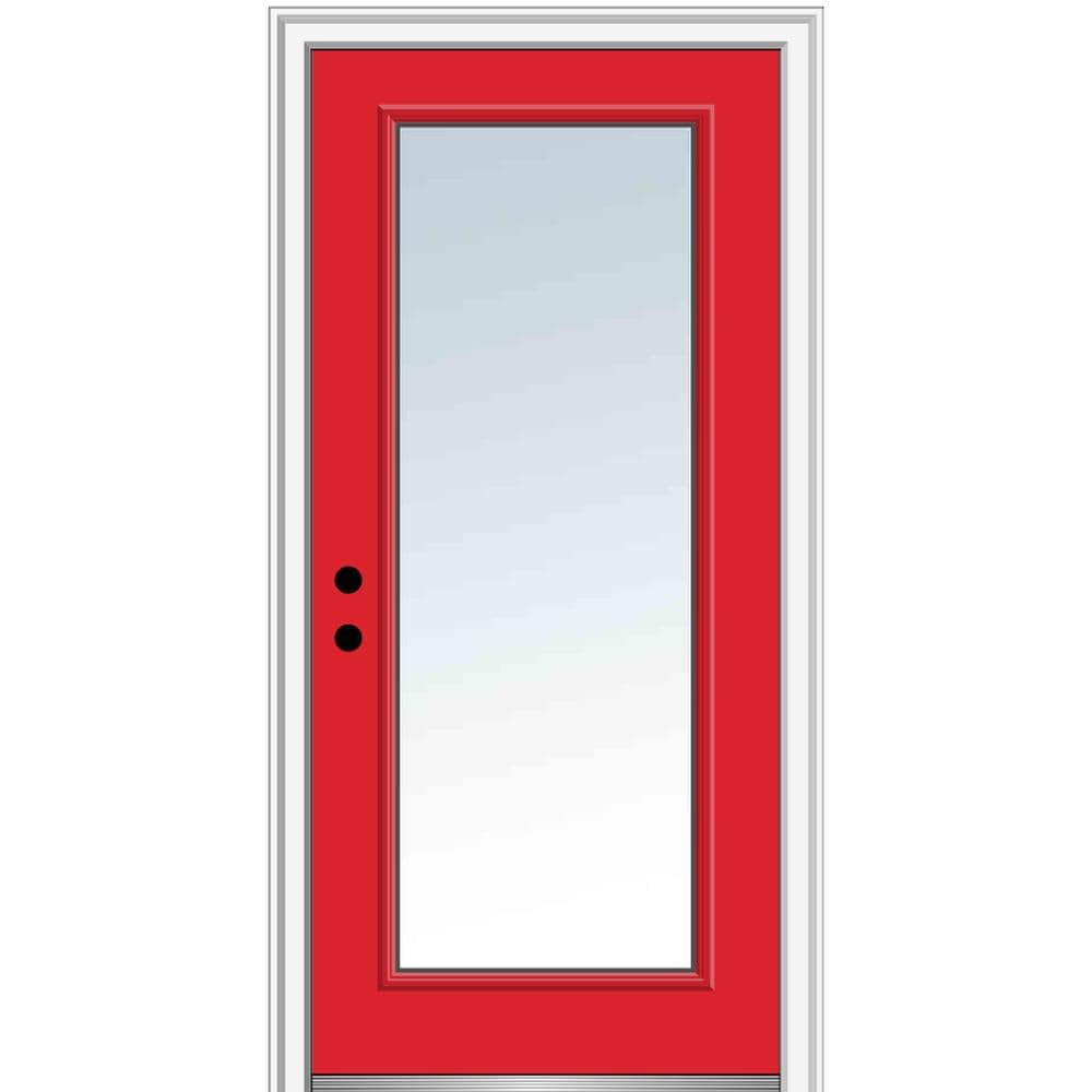 MMI DOOR ZZ24162R 36-in x 80-in x 4-9/16-in Fiberglass Full lite Right-hand inswing Red Saffron Painted Prehung Front Door with Brickmould Insulating core
