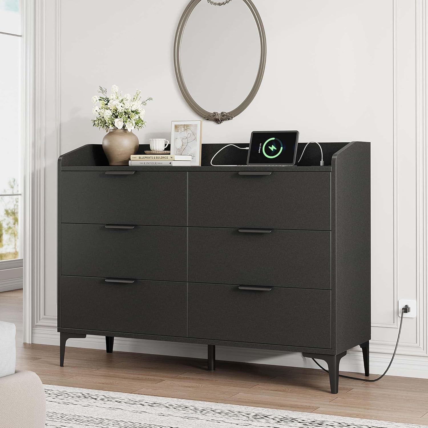 black tall dresser with deep drawers 6 Drawers, Modern Wooden Black Tall Dressers for Bedroom and Closet