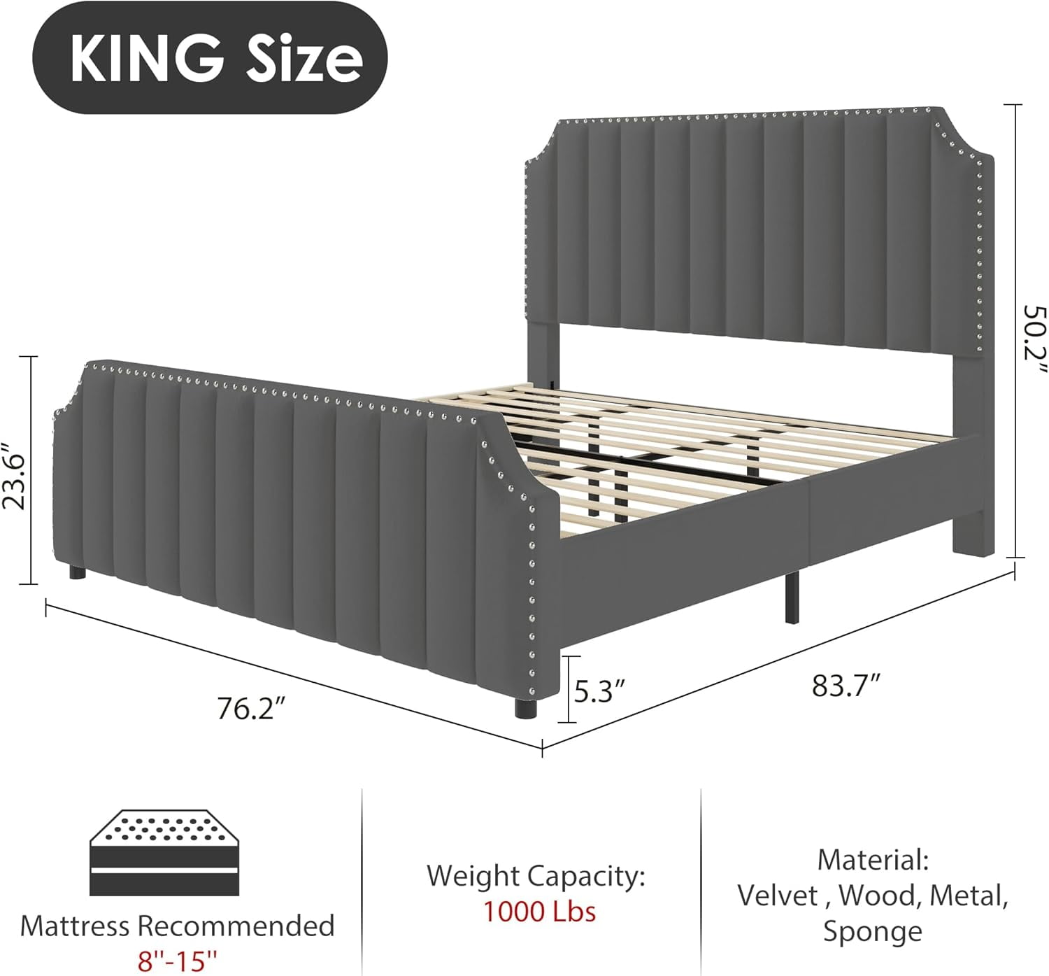 Qeetex King Size Platform Bed Frame Upholstered Bed Frame with