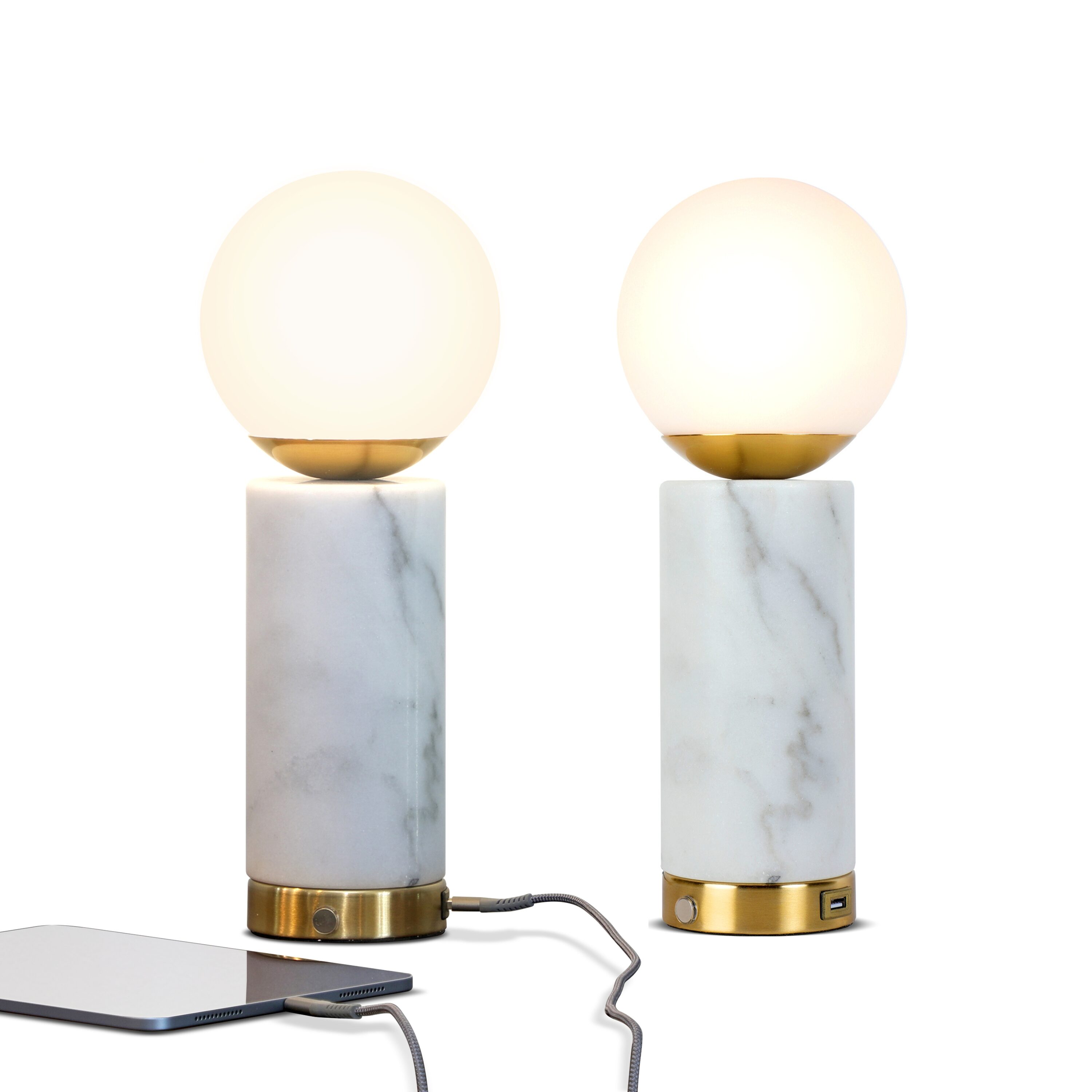Brightech 2PK-TL-ASPN 14.5-In Aspen Gold Accent LED Table Lamp with USB Port and White Marble Base (2-Pack)
