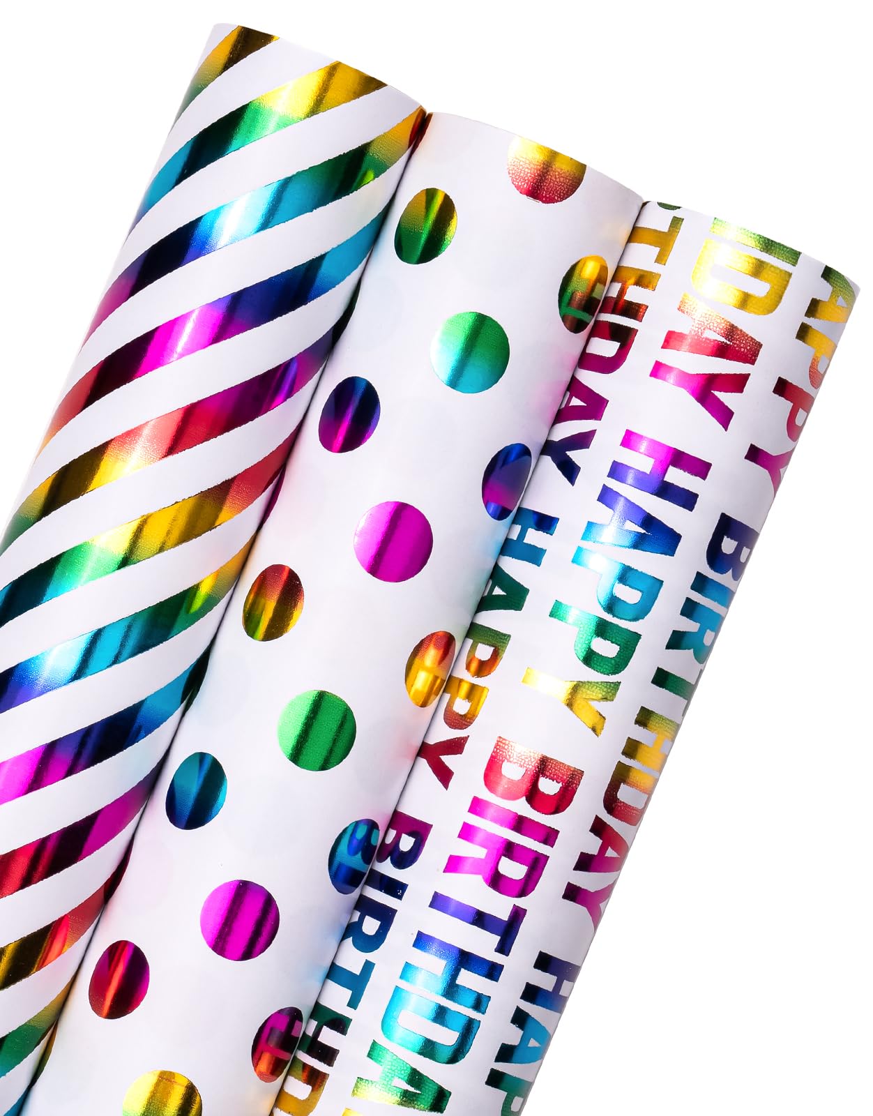 Etokfoks birthday wrapping paper 3 mini rolls 17 inch x 120 inch colorful holographic foil happy birthday stripes and dots designs #LETWNM9DT