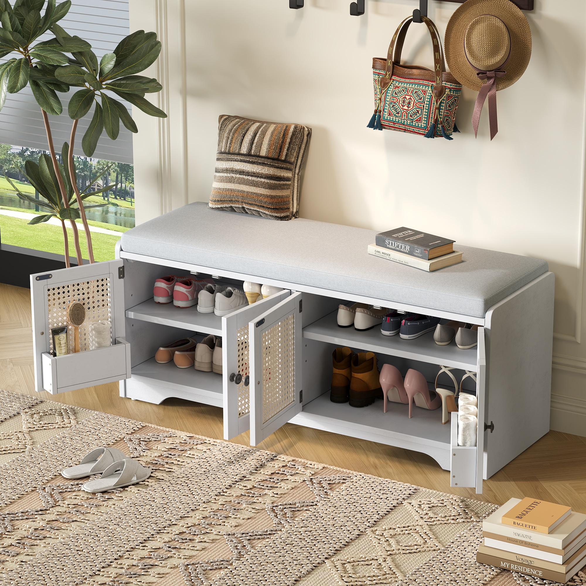 Huluwat Rustic Storage Bench Multifunctional Wood Entryway Shoe Bench with Removable Cushion Woven Rattan Doors and Adjustable Shelves for Hallway Living Room White Beige