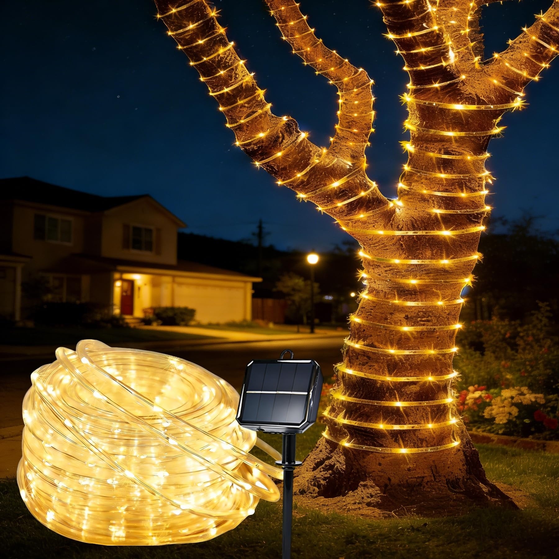 Vrbgify  66ft 200 LED Solar Rope Lights 8 Lighting Modes Waterproof Outdoor String Light for Patio Garden Tree Porch Pool Fence Holiday Decor 1 Roll Warm White