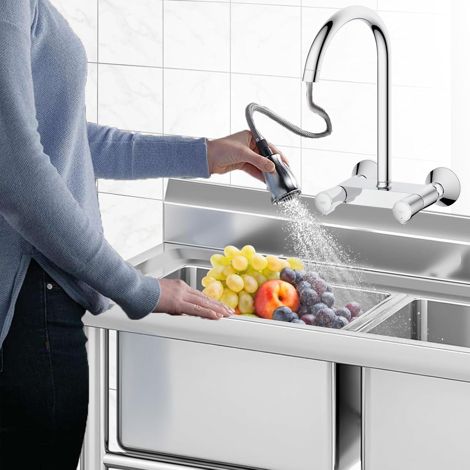 Qeetex SC-W546F404 Heavy Duty Stainless Steel Double Bowl Utility Sink 39 x 23.6 Inches with Basket Strainers Rust Resistant for Commercial Kitchen