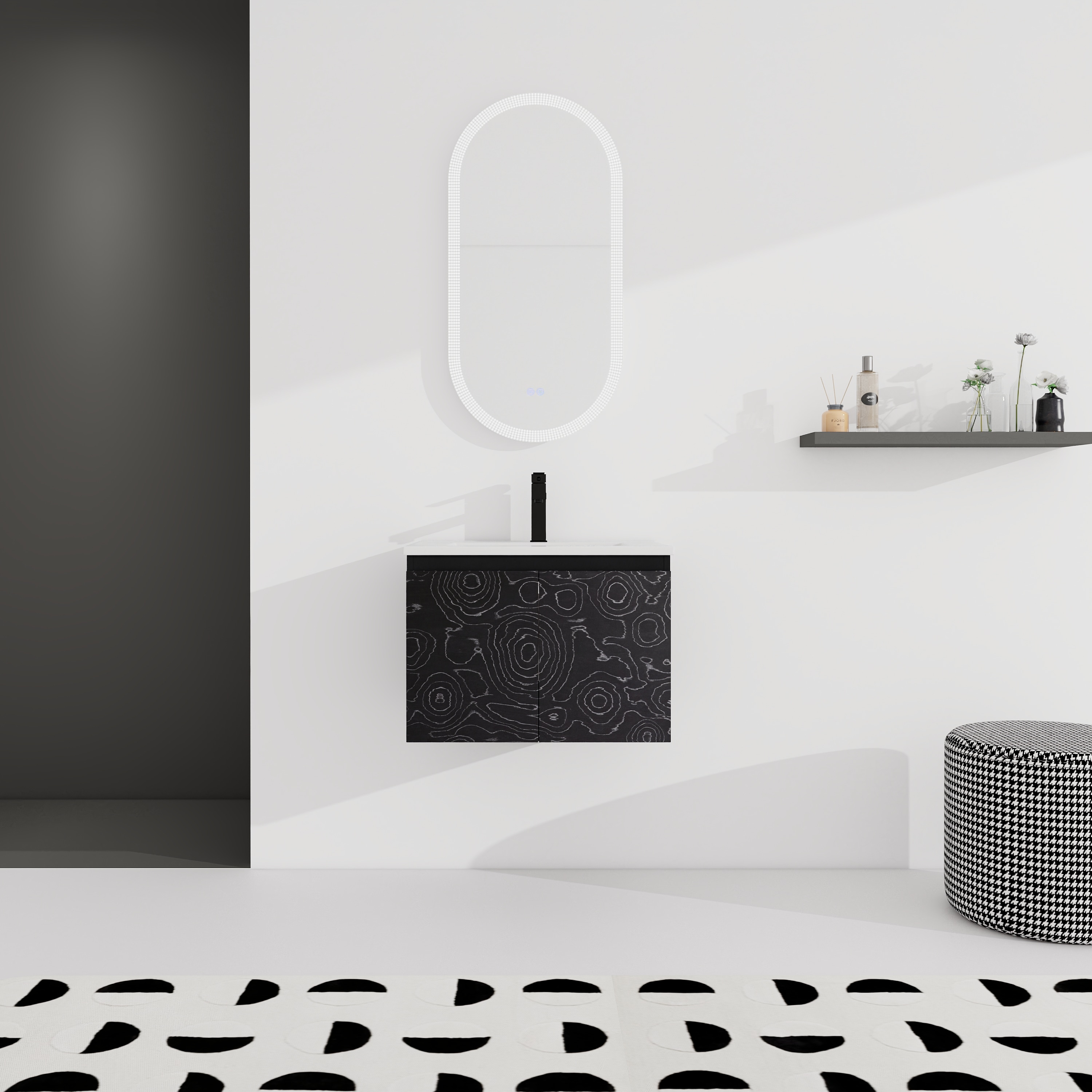 GLANZEND - 18.3-in D x 24-in W x 17.3-in H Bathroom Vanity Plywood Black Ceramic Sink Float Wall...