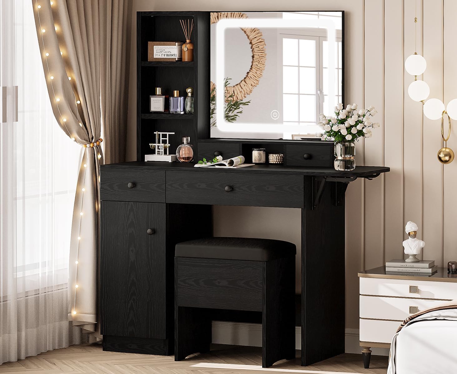 Likimio 7P9UTNQGID5CUXLW 54.9-in W Black Vanity Table Set with LED Lighted Mirror and Power Outlet and Cabinet