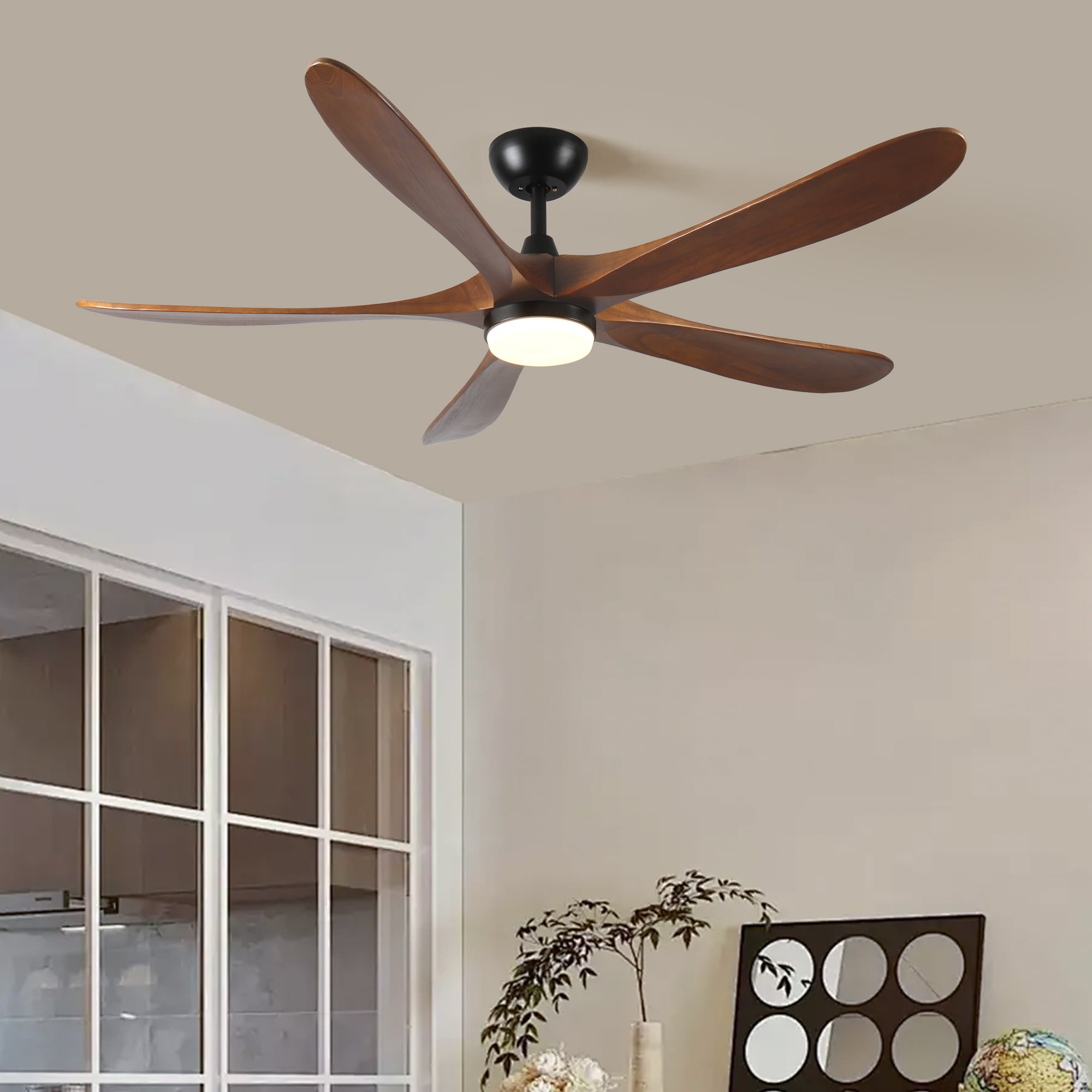 Blisstyle 52-in Black with Modern Wooden Solid Wood Blades Ceiling Fan With Light 5-Blade