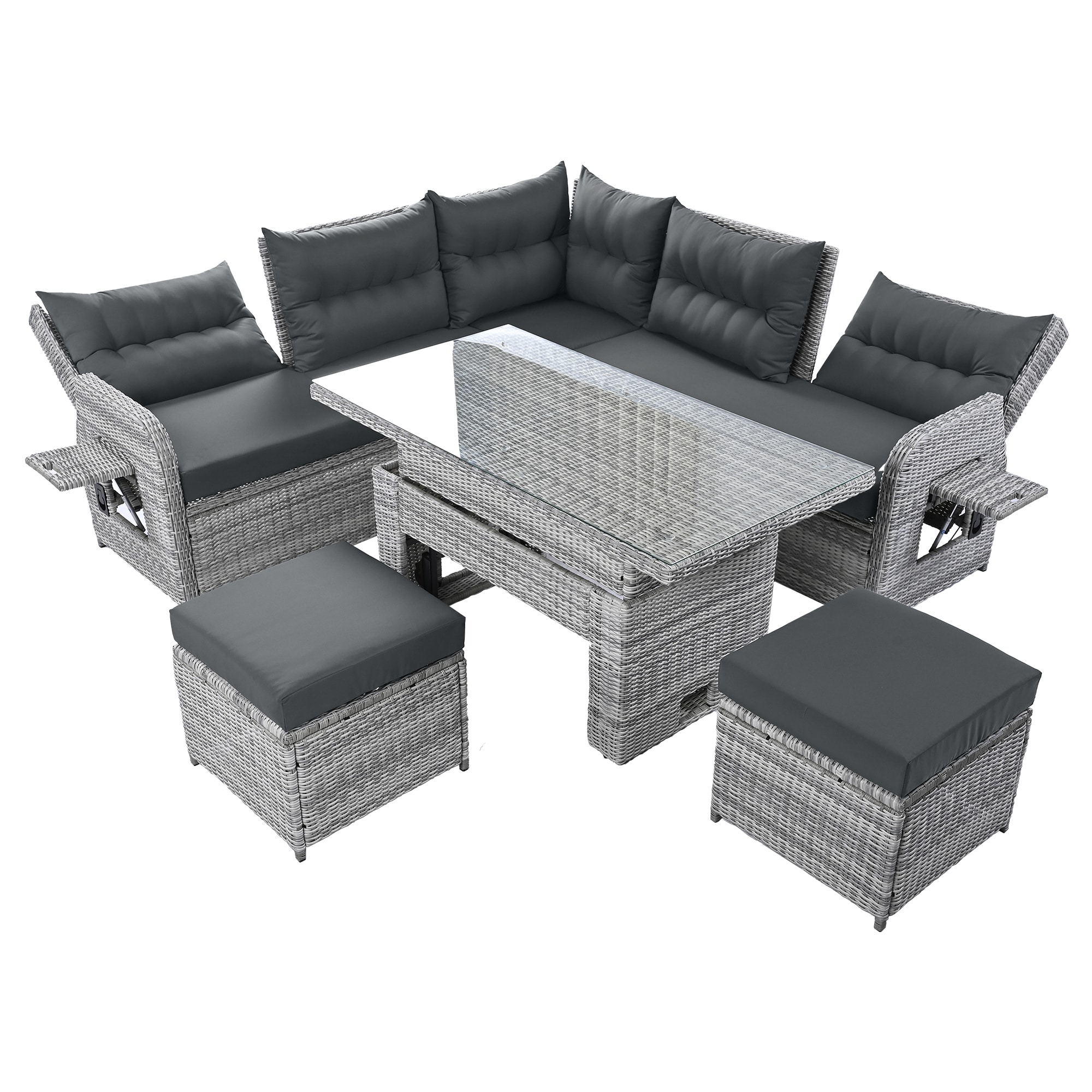 SINOFURN SYA690009BN Rattan Outdoor Sectional with Gray Cushions and Rattan Frame