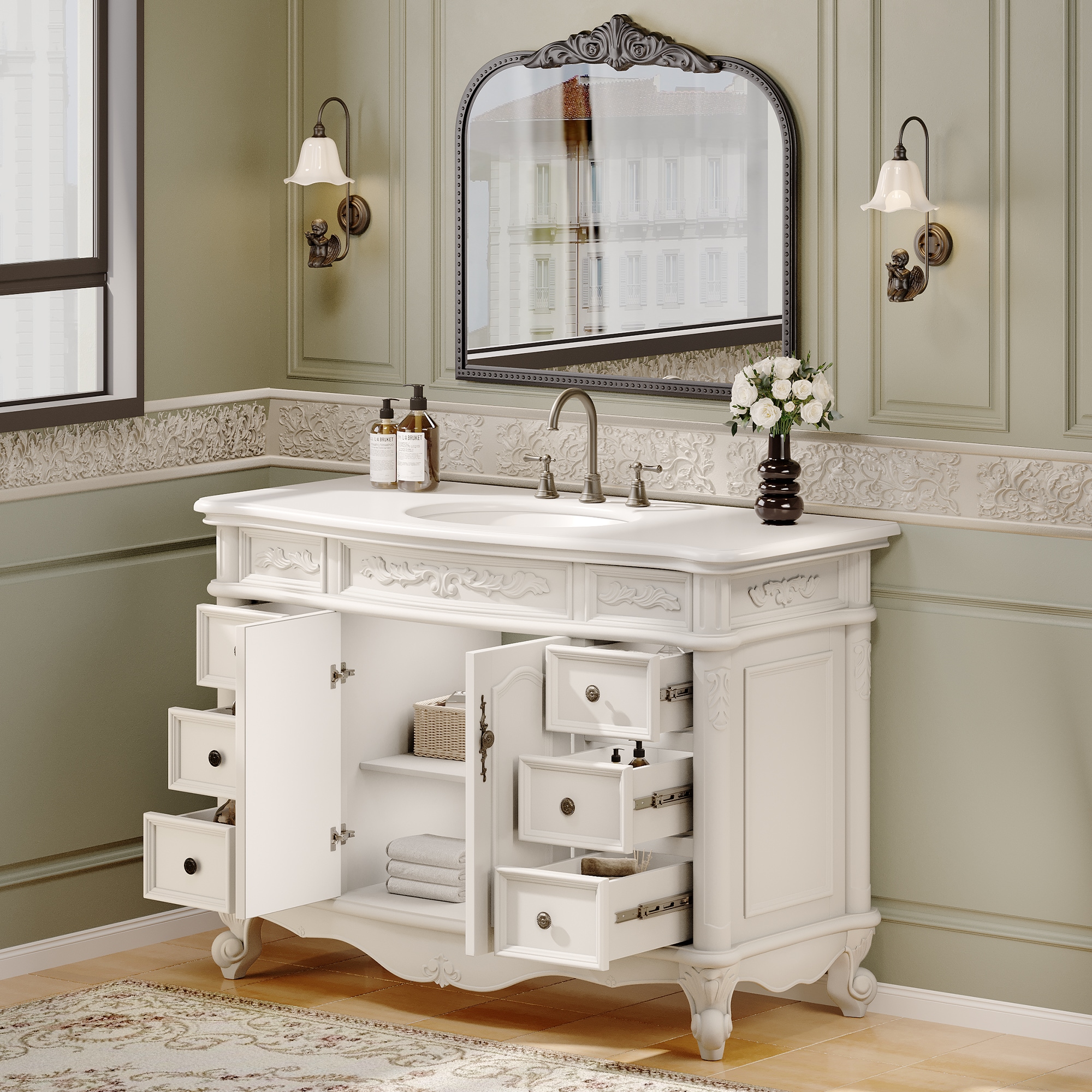Antique White 48" Freestanding Single Vanity with Quartz Top