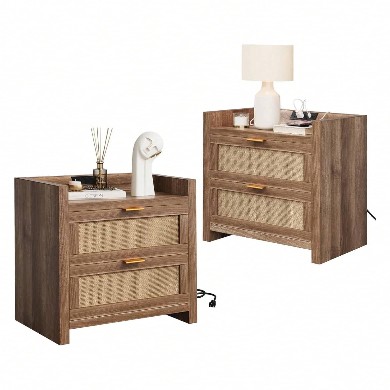 Qeetex MIE-PHO-33CWSJEQ Nightstands Set Of 2 With Rattan Drawer  Modern Night Stand For Bedrooms  Wooden 2 Drawer Bedside Table Side Table For Small Place Living Room And Bedroom