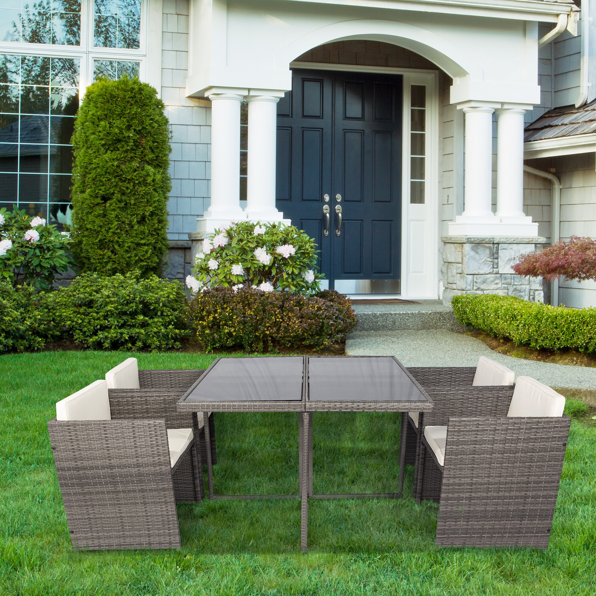Nestfair PD20018E 5 -Piece GRAY Wicker Patio Dining Set Wicker Square Table with 4 Off-white Cushions Stackable Stationary Chairs